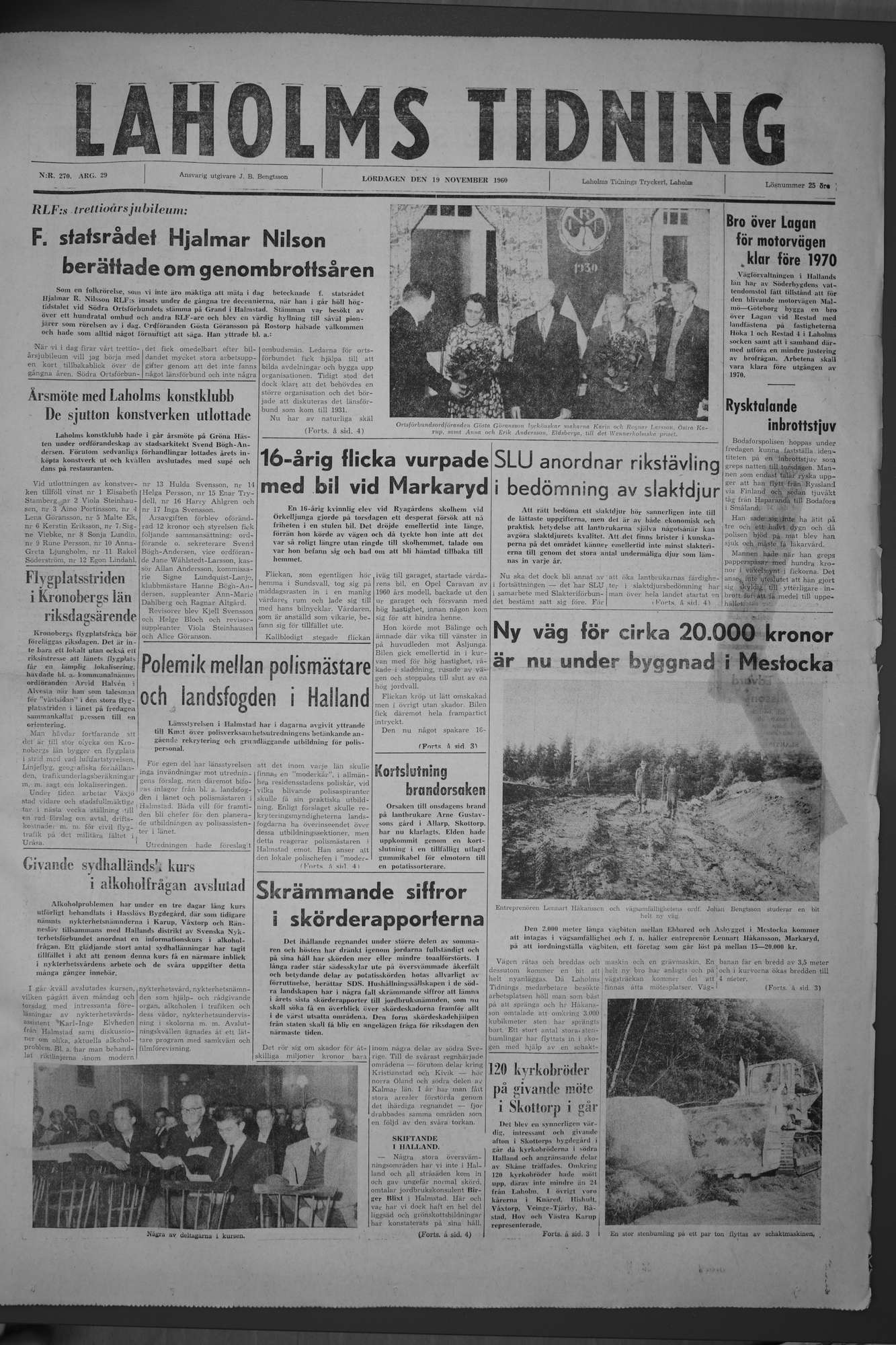 Laholms Tidning Lördag 19 november 1960, sida 1