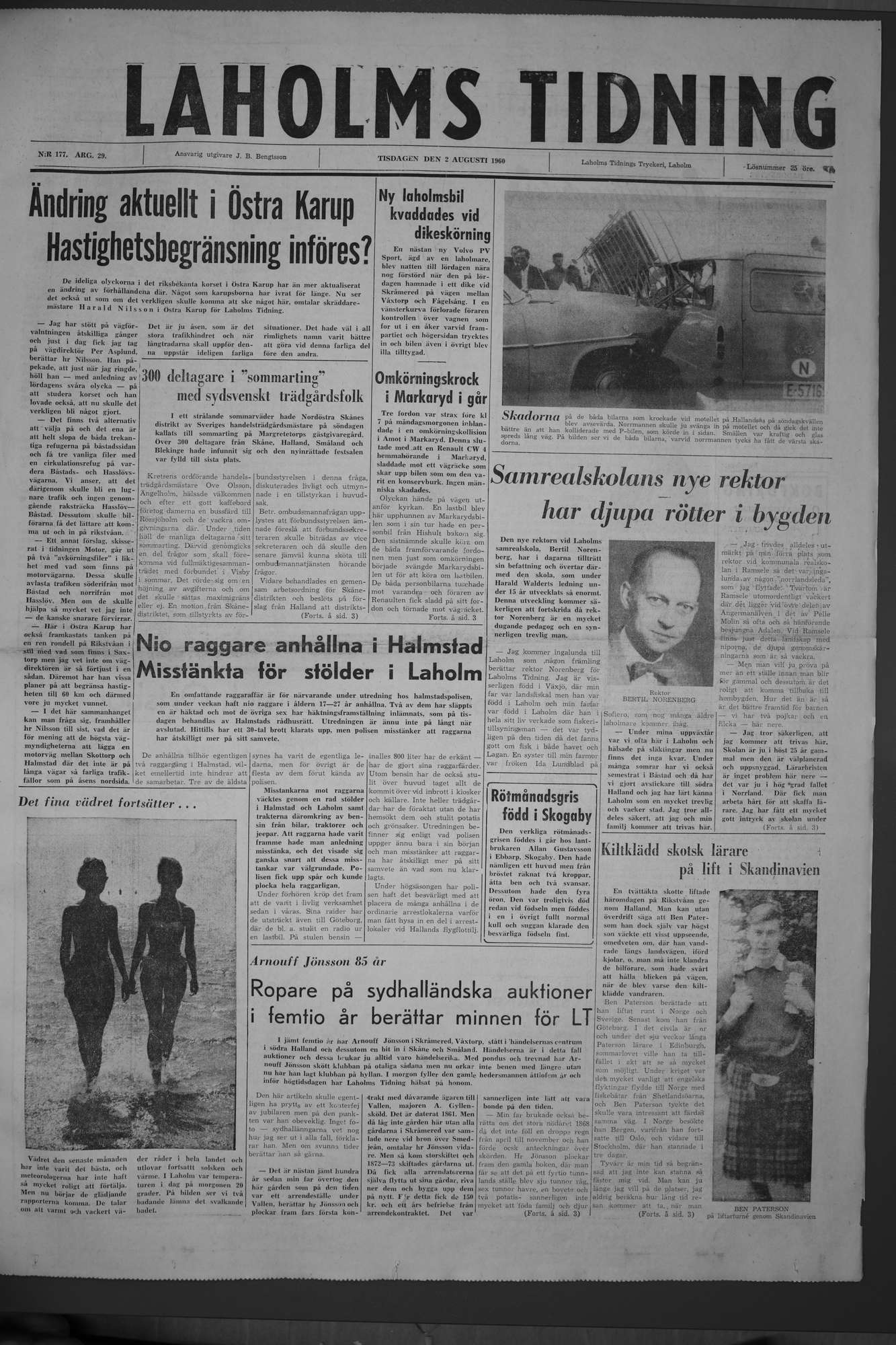 Laholms Tidning Tisdag 2 augusti 1960, sida 1