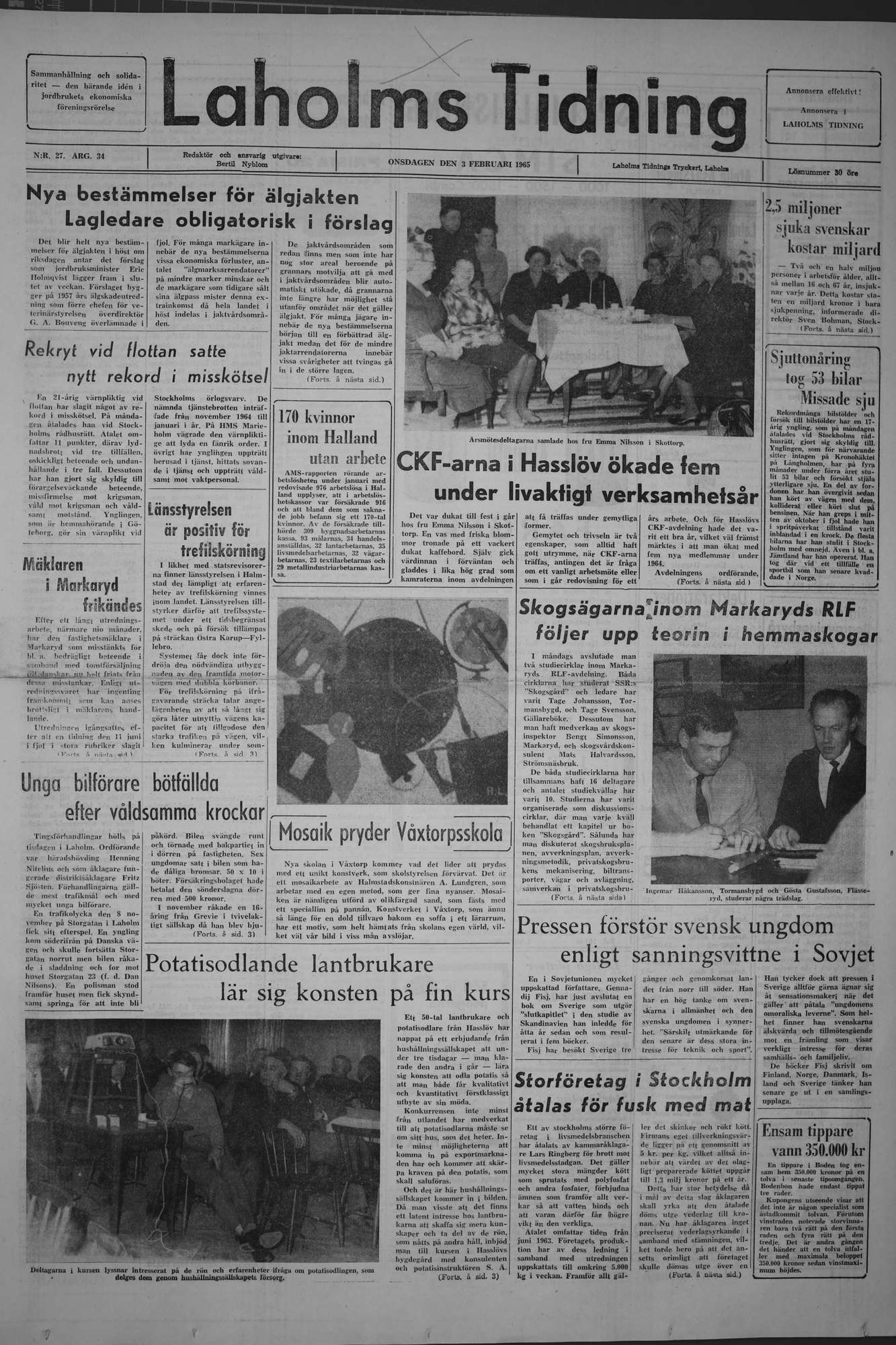 Laholms Tidning Onsdag 3 februari 1965, sida 1