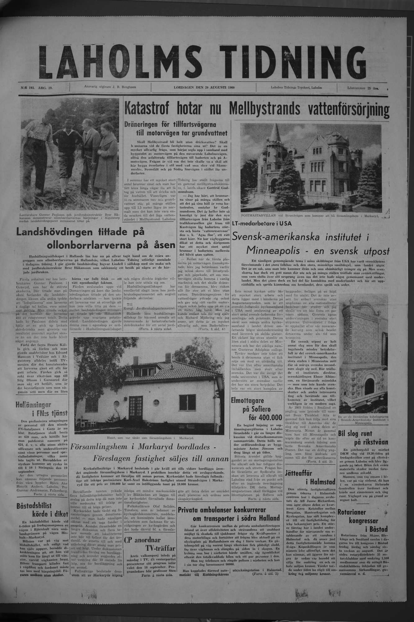Laholms Tidning Lördag 20 augusti 1960, sida 1