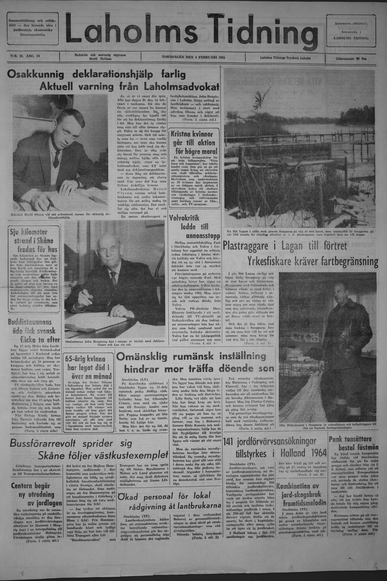 Laholms Tidning Torsdag 4 februari 1965, sida 1
