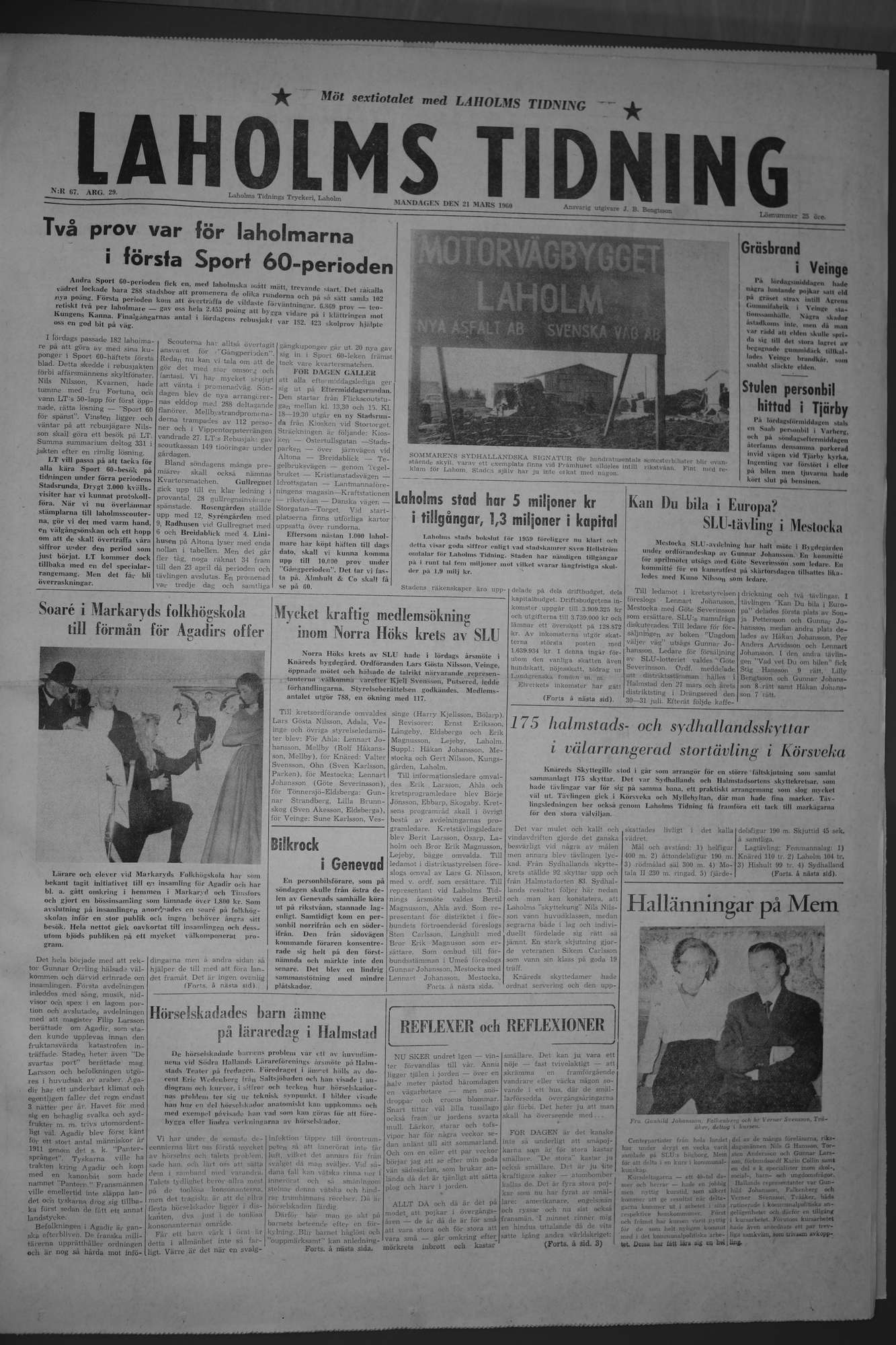 Laholms Tidning Måndag 21 mars 1960, sida 1