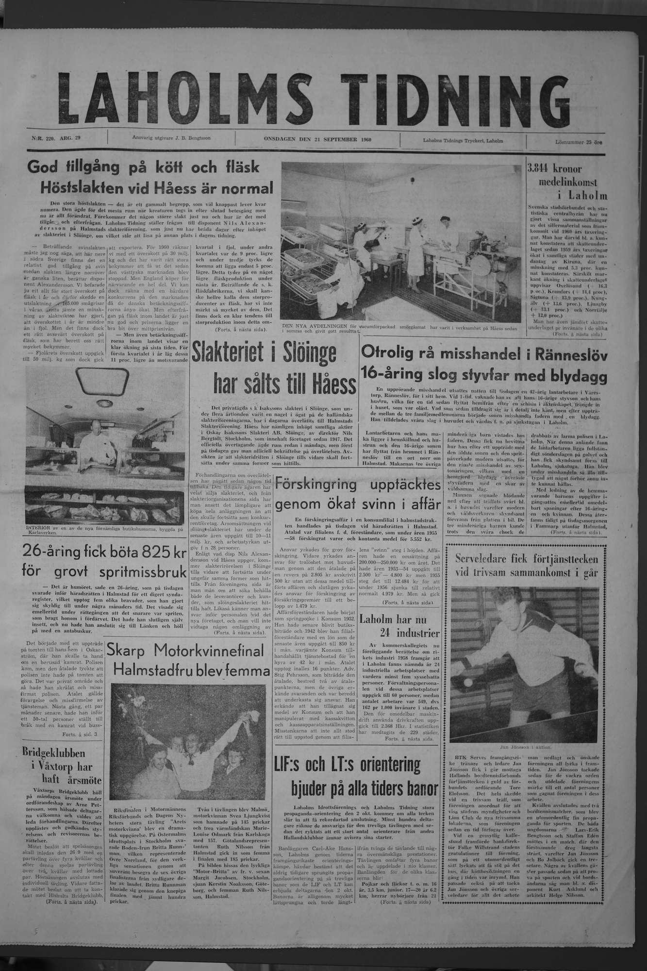Laholms Tidning Onsdag 21 september 1960, sida 1