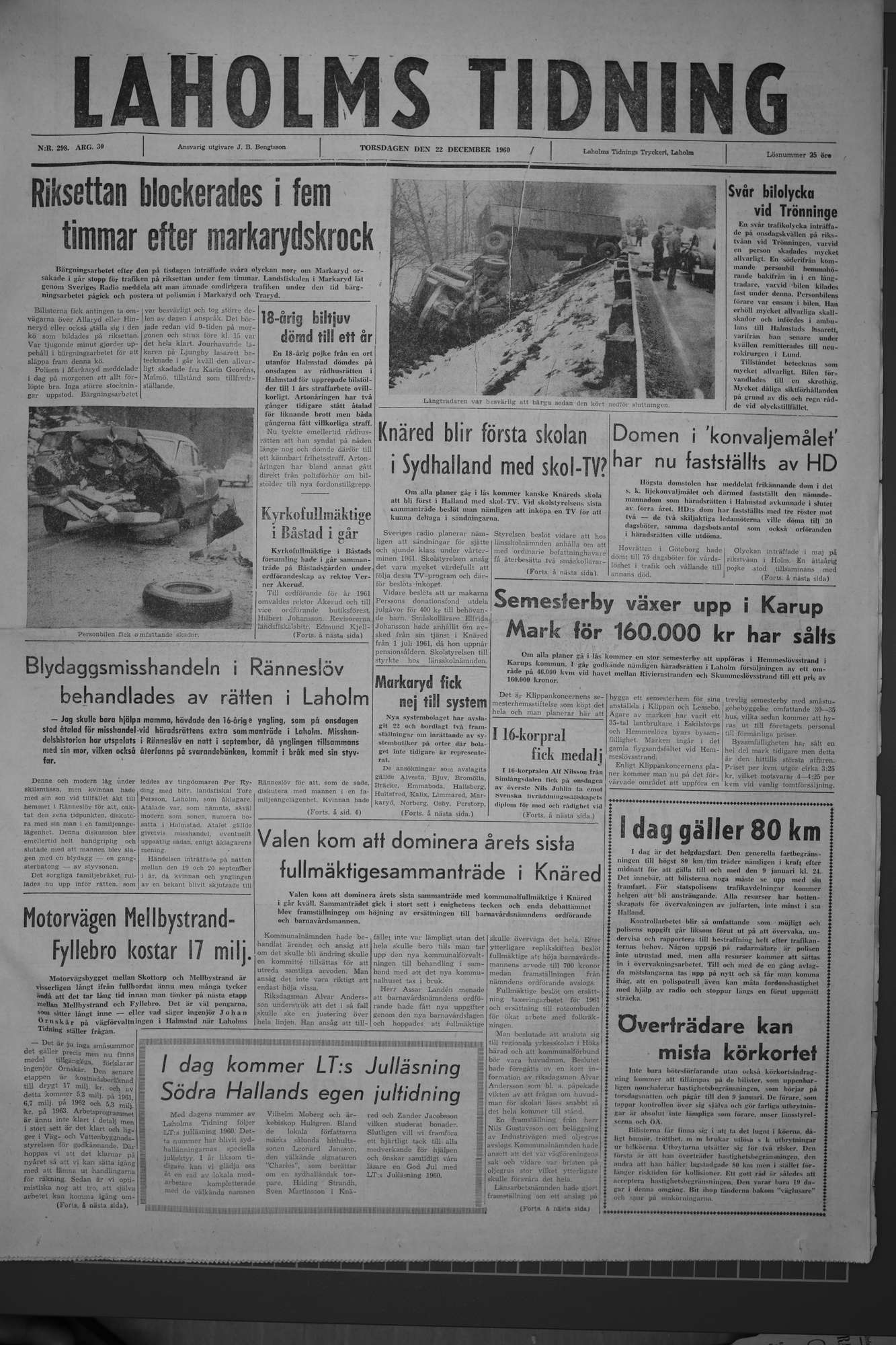 Laholms Tidning Torsdag 22 december 1960, sida 1