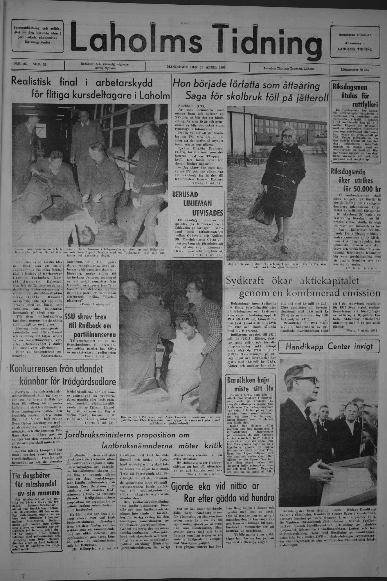 Laholms Tidning Måndag 12 april 1965, sida 1