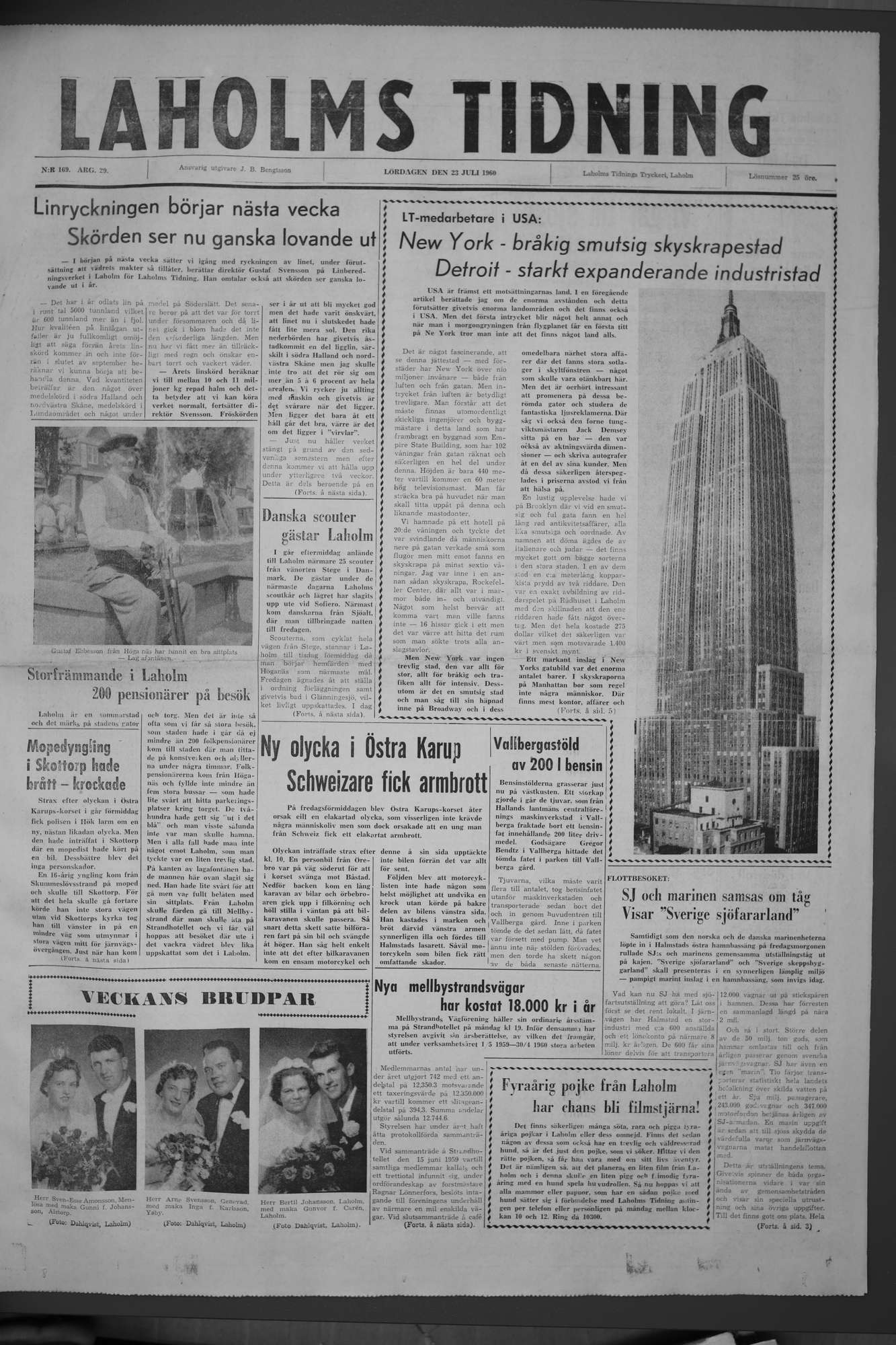 Laholms Tidning Lördag 23 juli 1960, sida 1