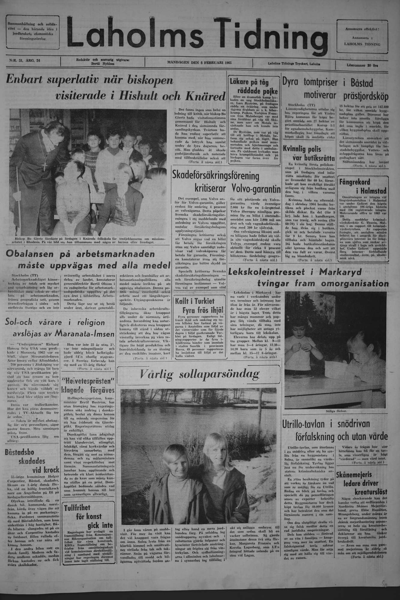 Laholms Tidning Måndag 8 februari 1965, sida 1