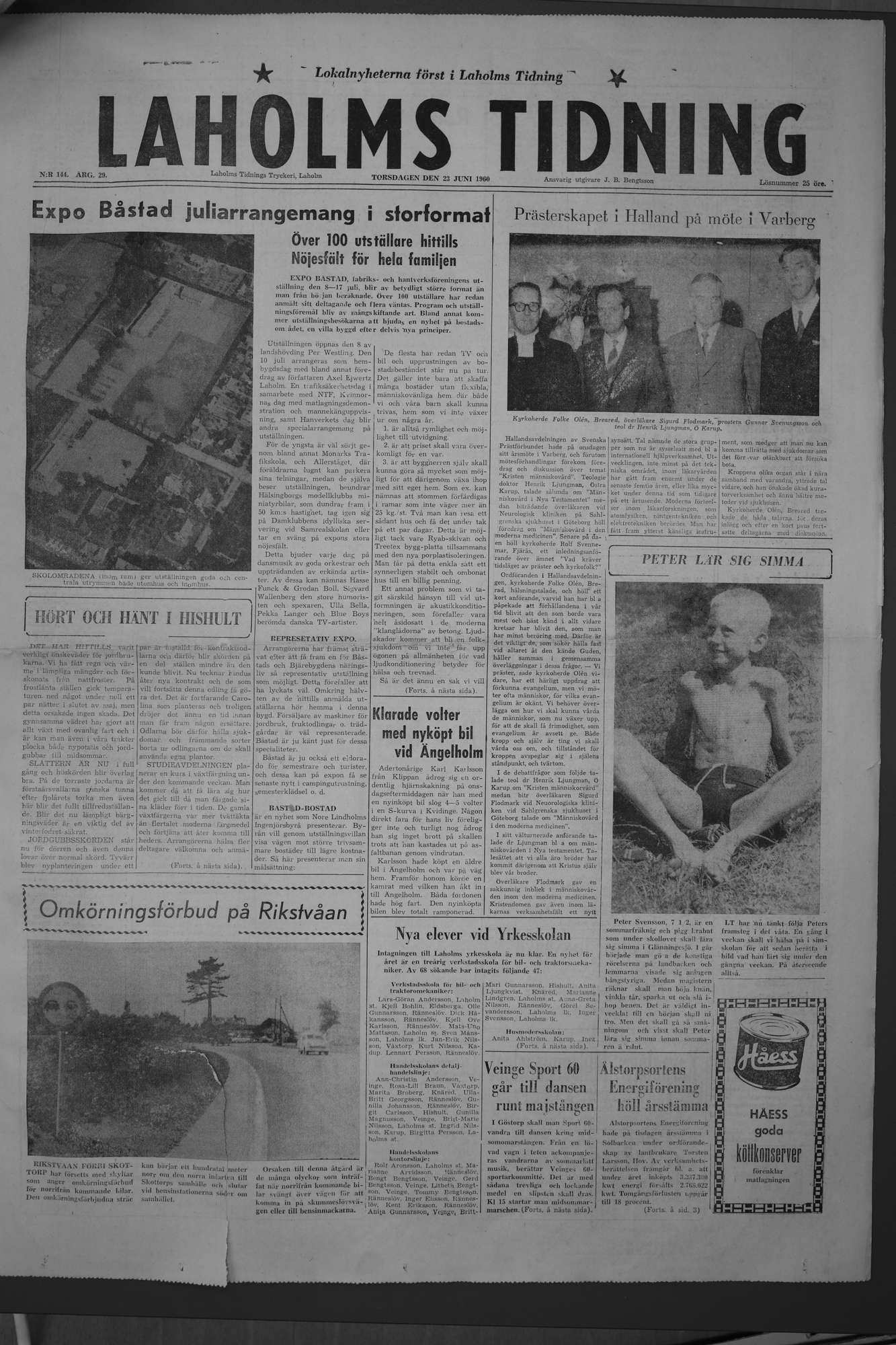 Laholms Tidning Torsdag 23 juni 1960, sida 1