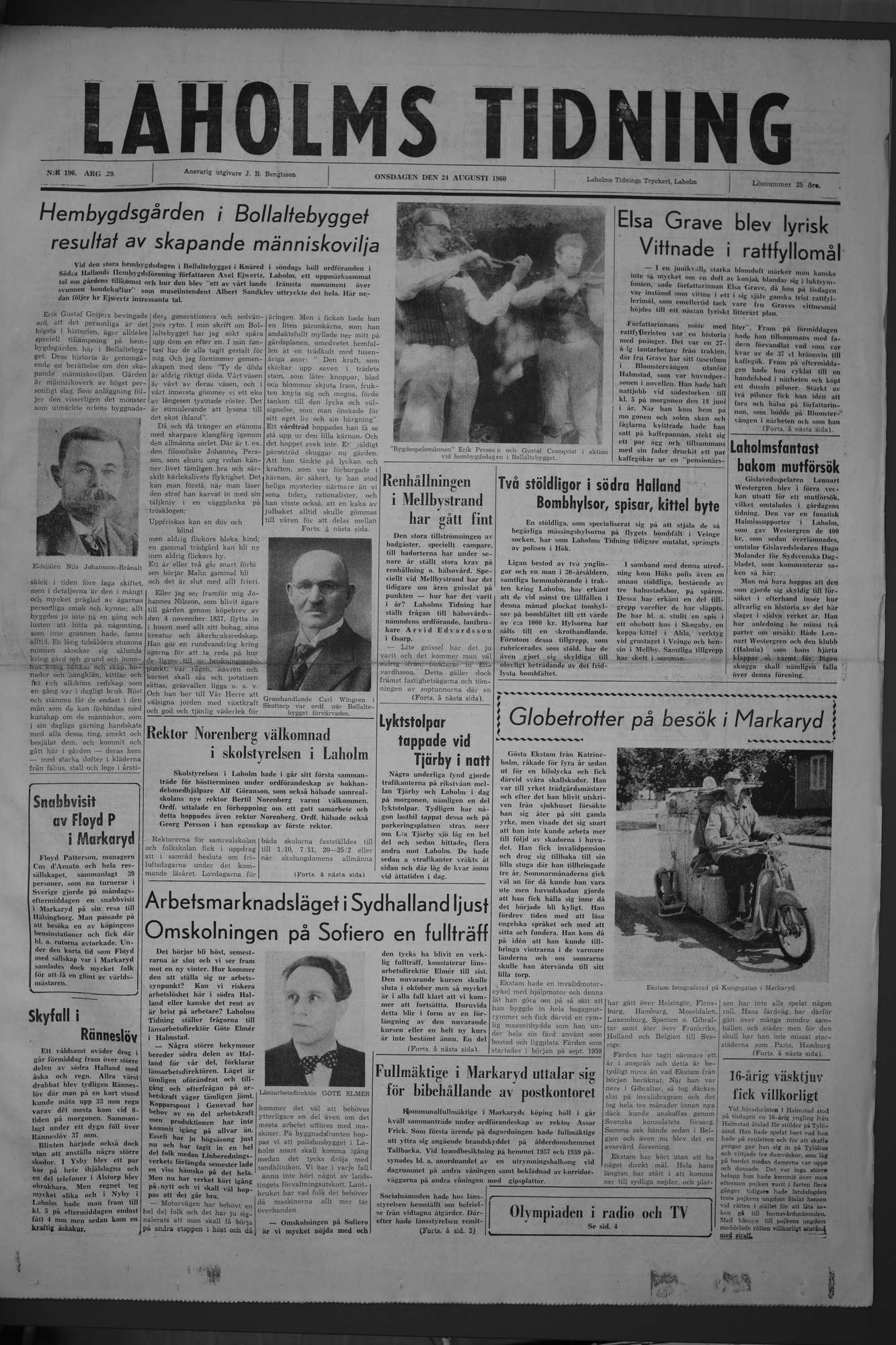 Laholms Tidning Onsdag 24 augusti 1960, sida 1