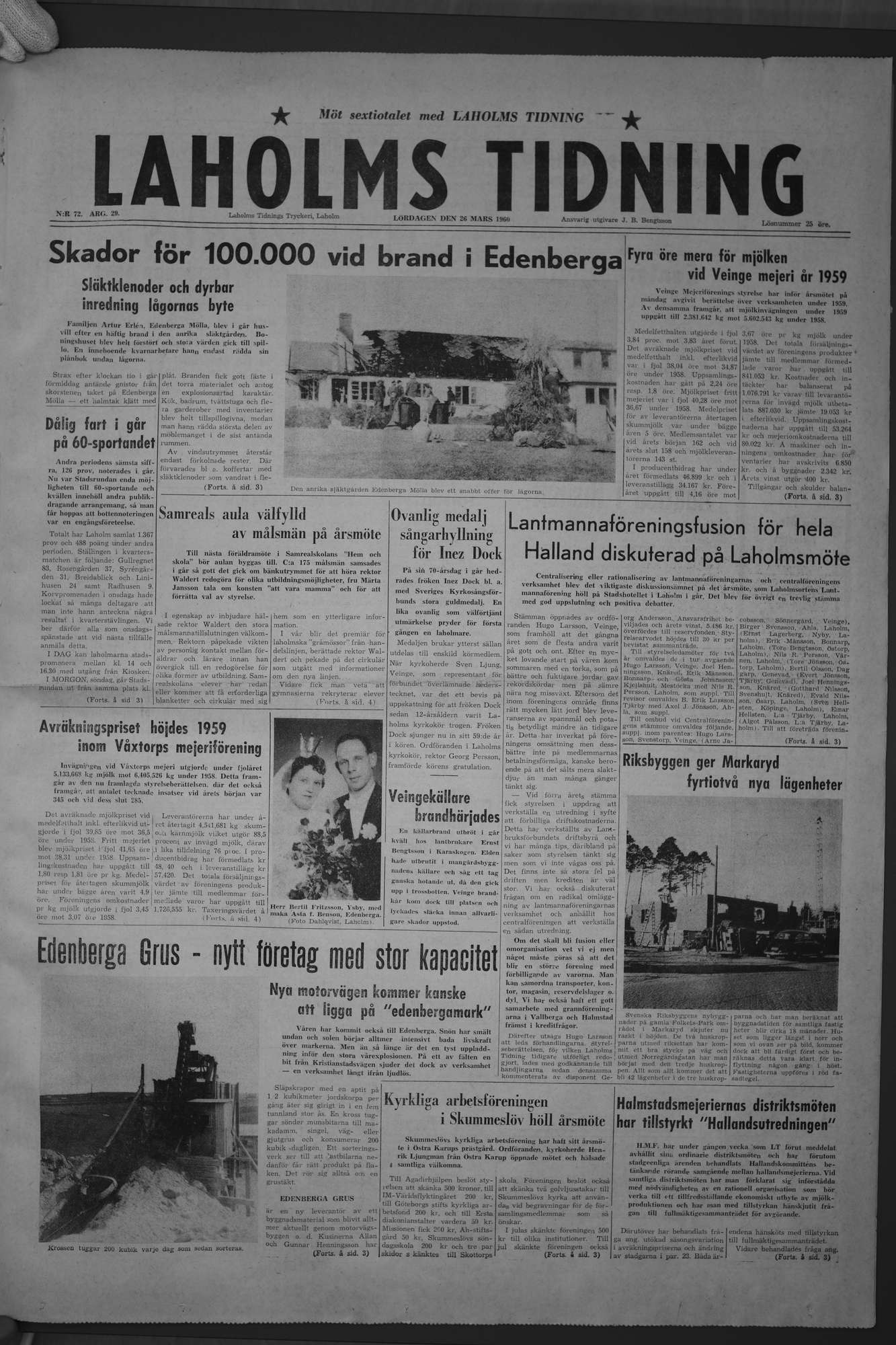 Laholms Tidning Lördag 26 mars 1960, sida 1