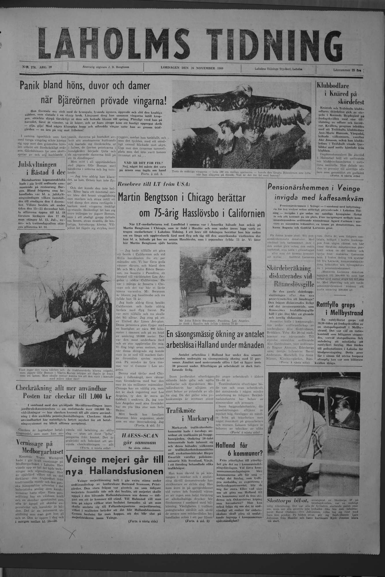 Laholms Tidning Lördag 26 november 1960, sida 1
