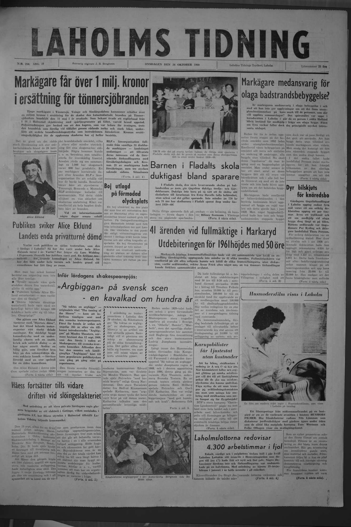 Laholms Tidning Onsdag 26 oktober 1960, sida 1