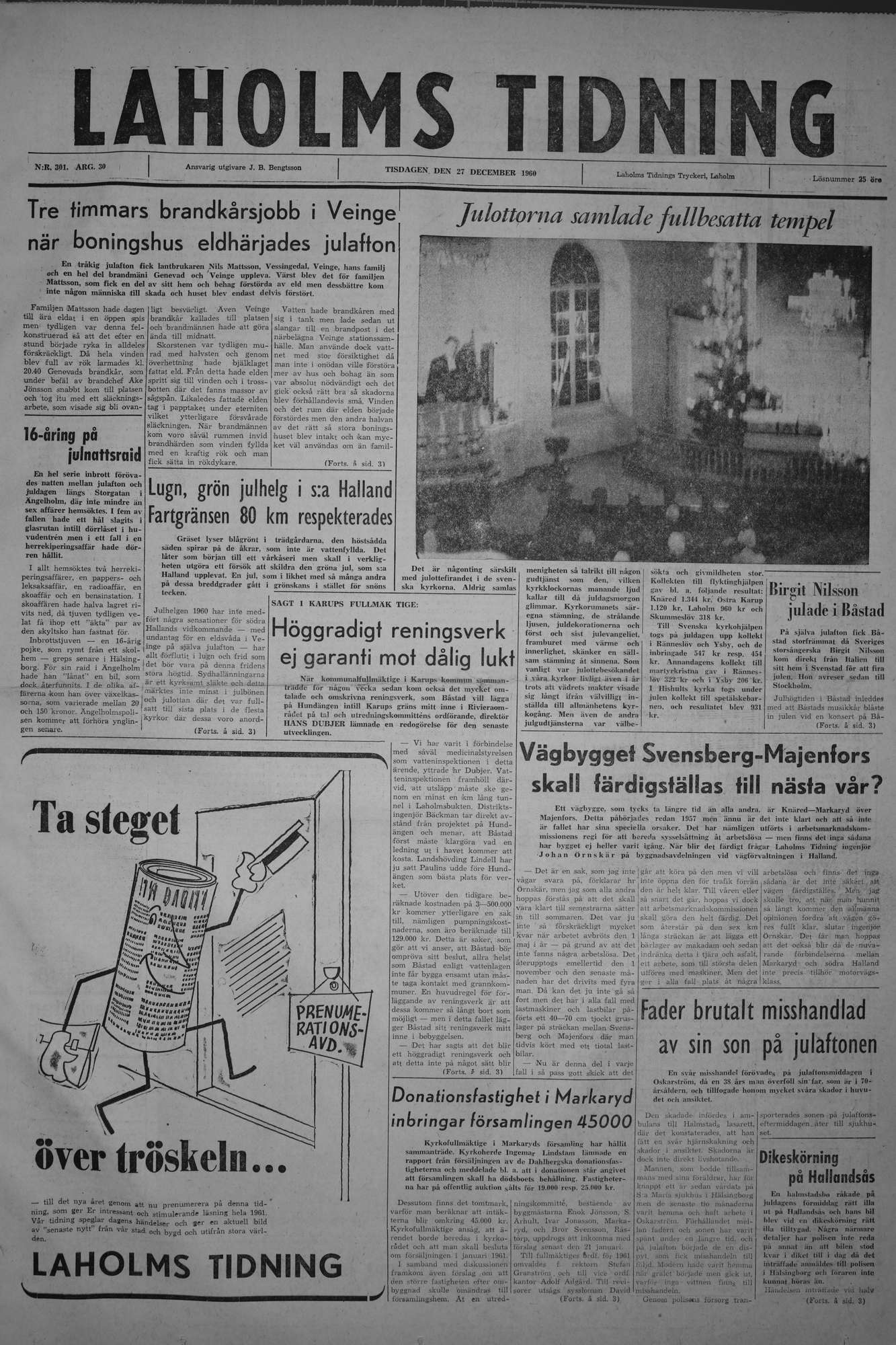 Laholms Tidning Tisdag 27 december 1960, sida 1