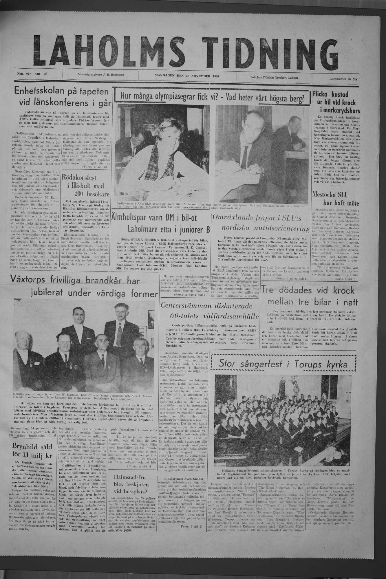Laholms Tidning Måndag 28 november 1960, sida 1