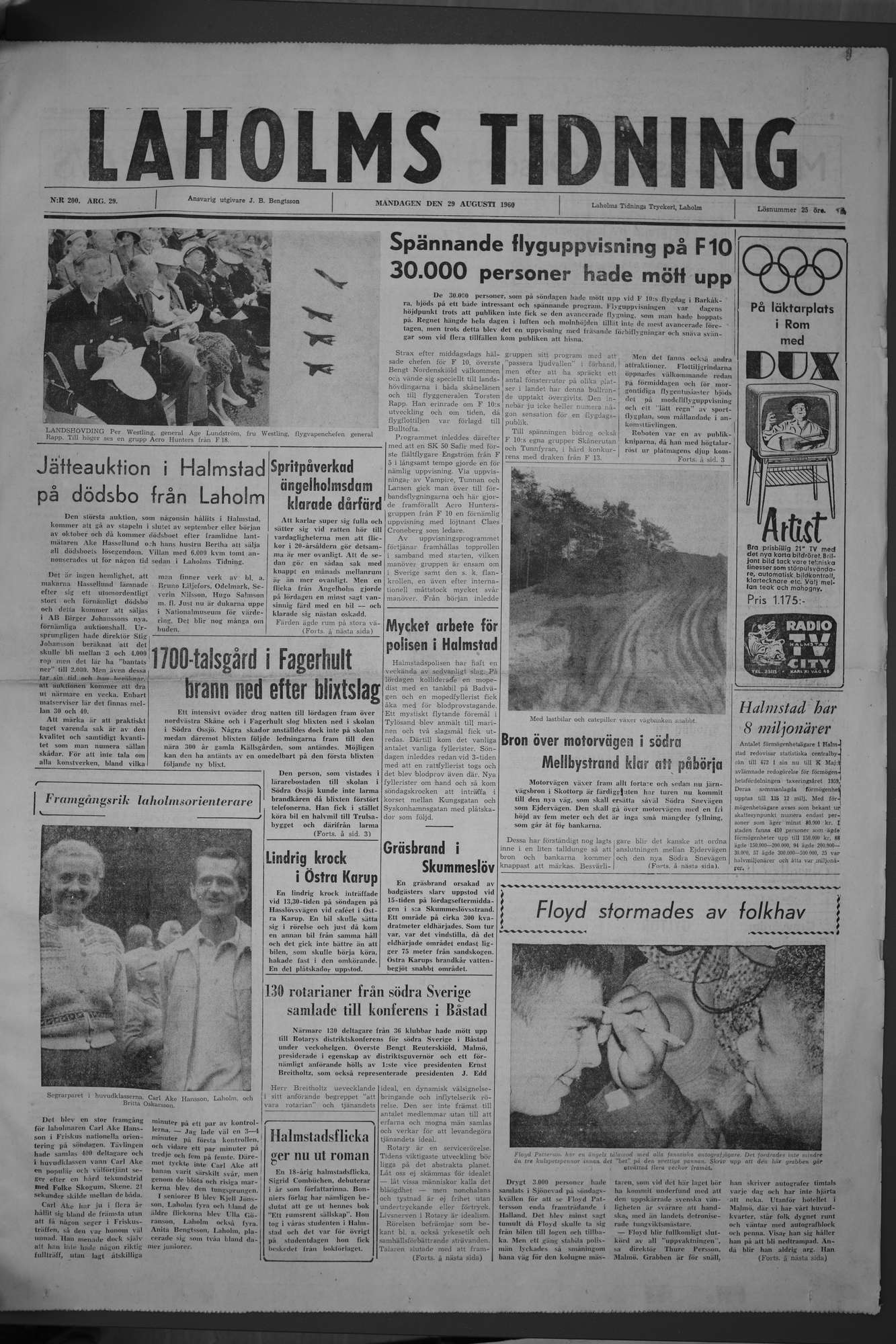 Laholms Tidning Måndag 29 augusti 1960, sida 1