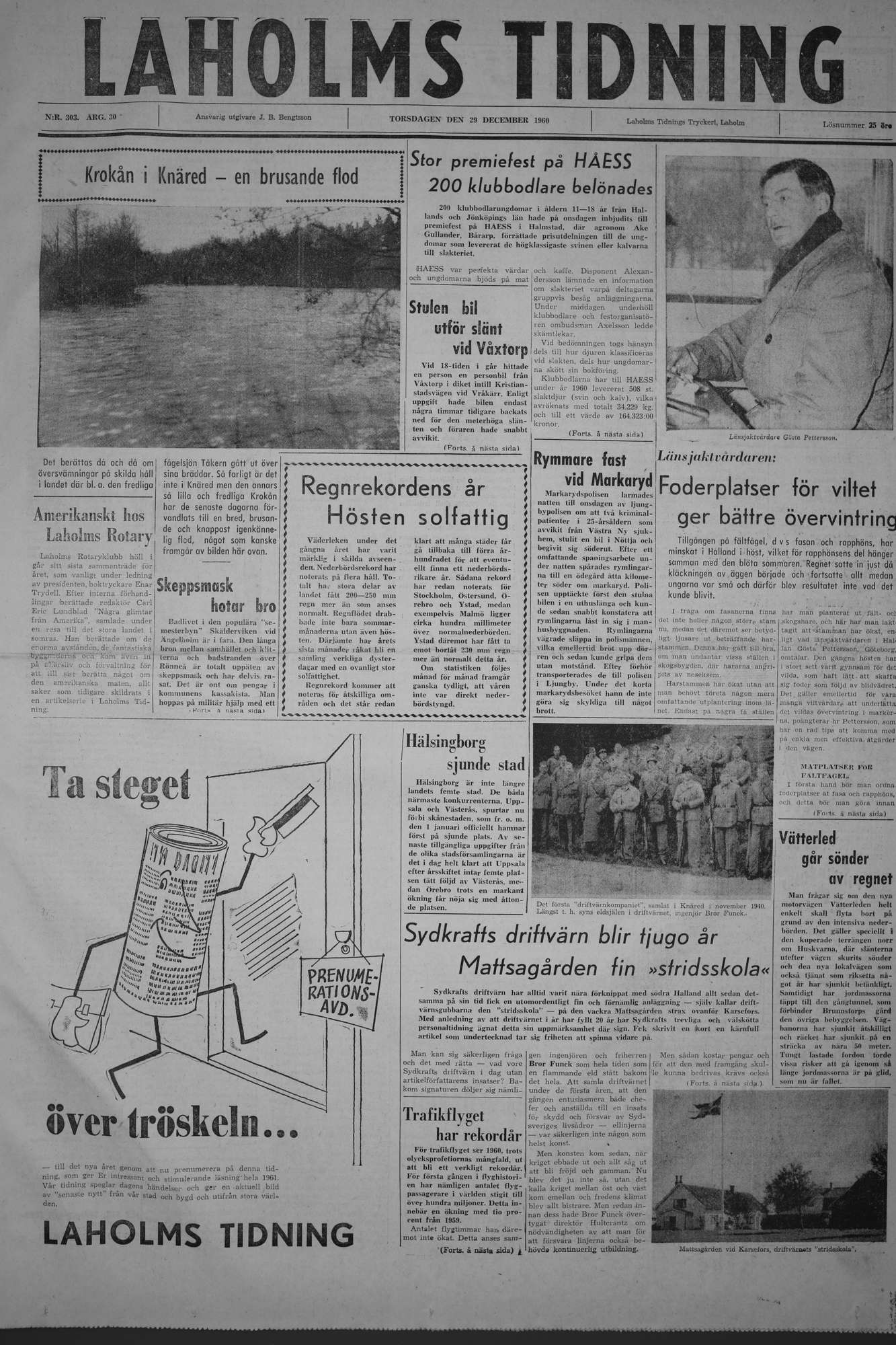 Laholms Tidning Torsdag 29 december 1960, sida 1
