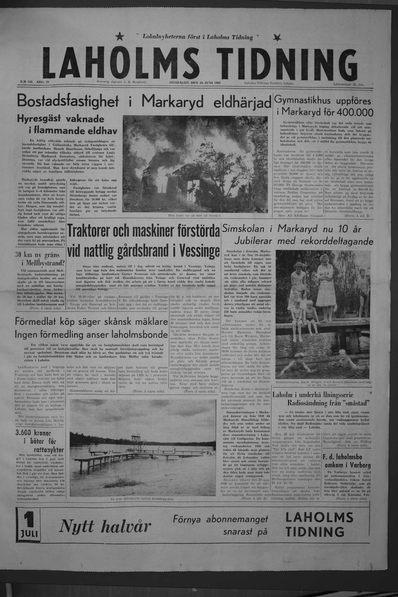 Laholms Tidning Onsdag 29 juni 1960, sida 1