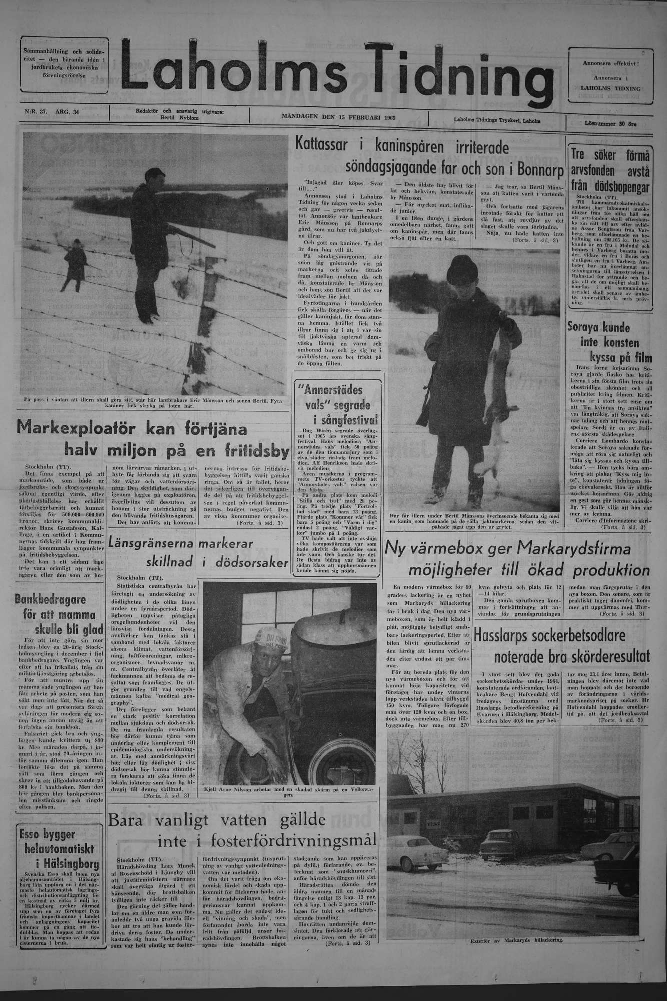 Laholms Tidning Måndag 15 februari 1965, sida 1