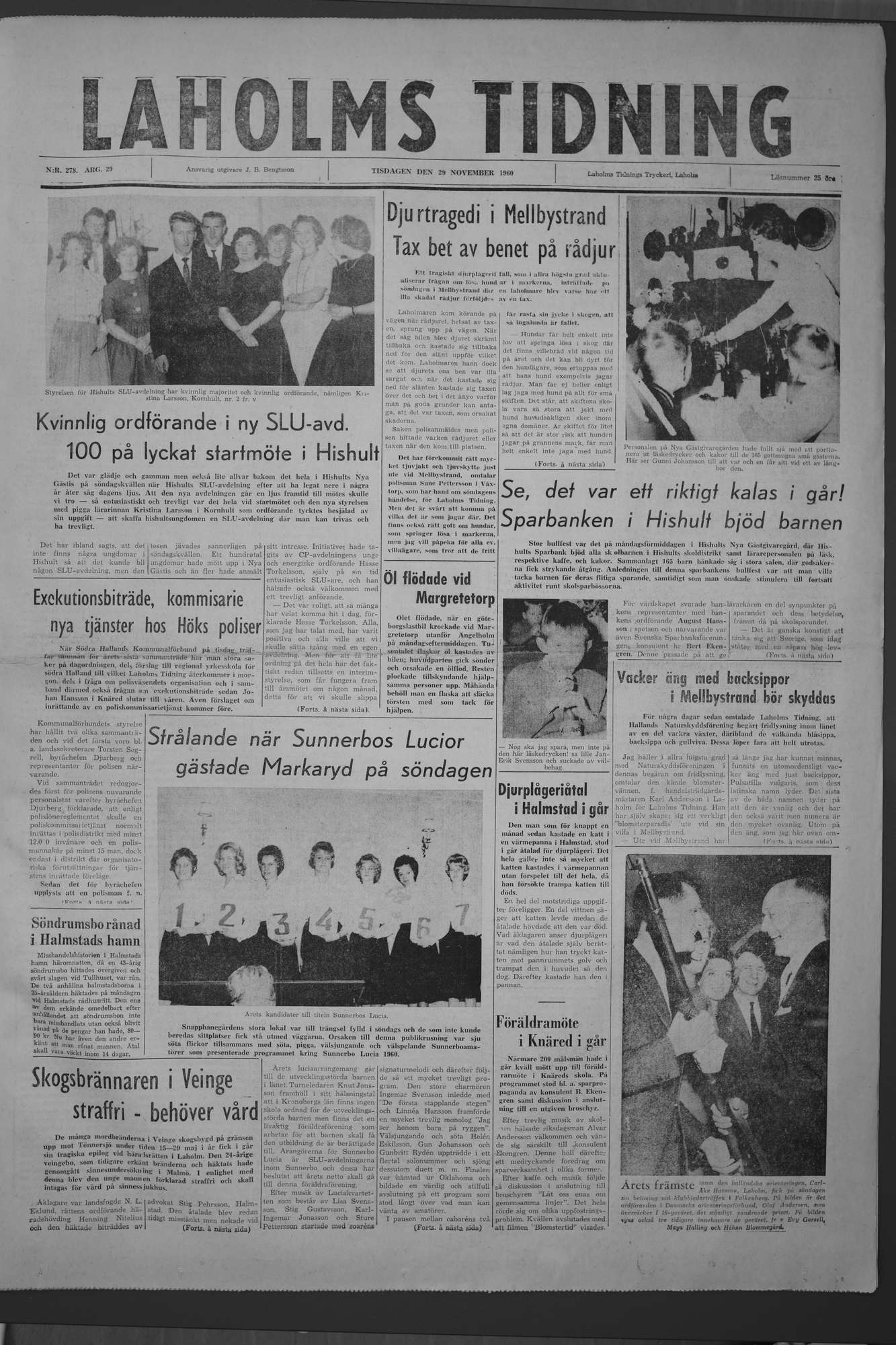 Laholms Tidning Tisdag 29 november 1960, sida 1