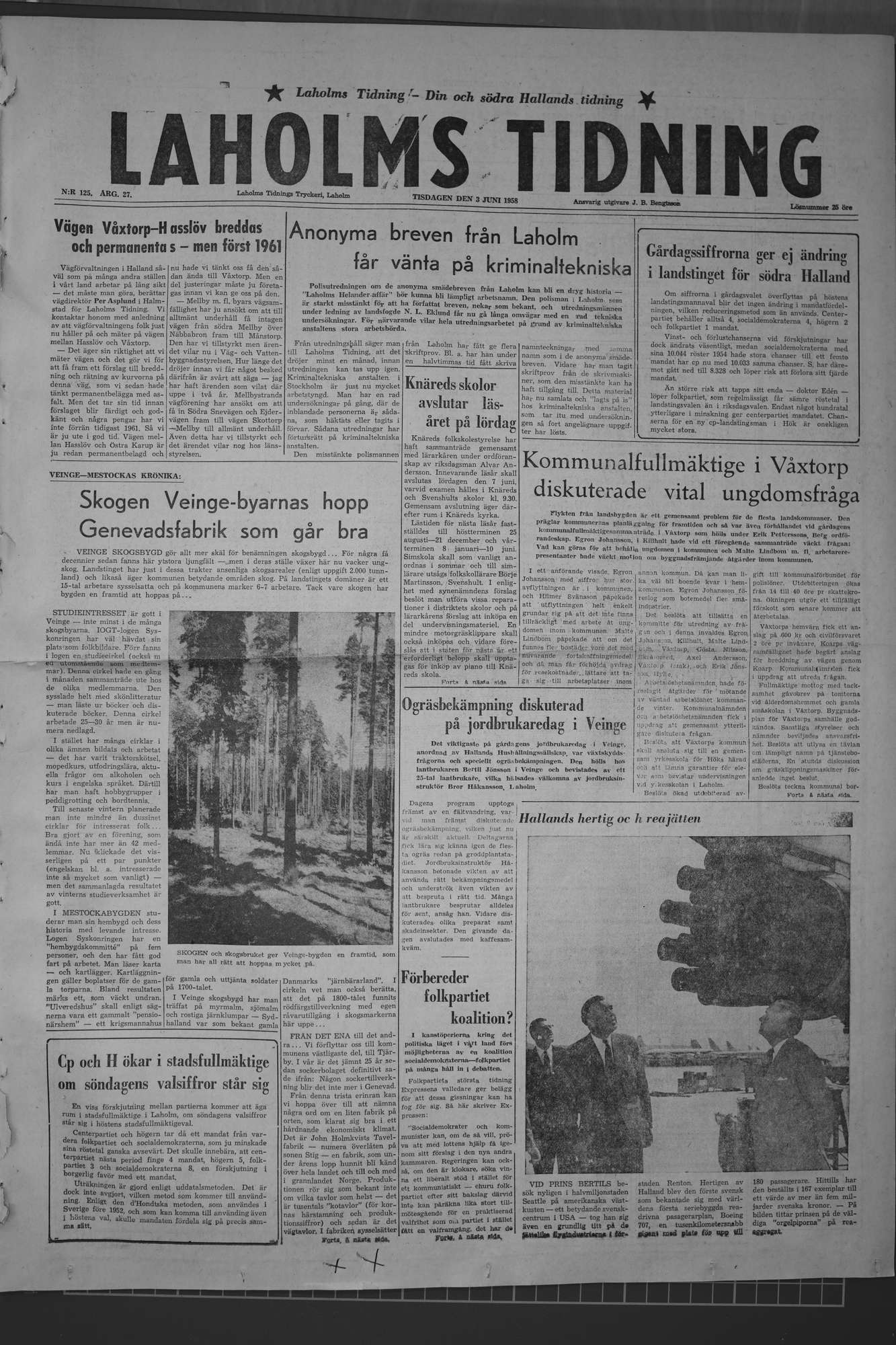 Laholms Tidning Fredag 3 juni 1960, sida 1