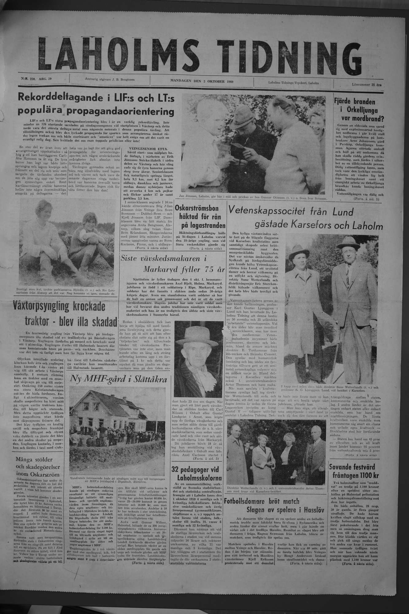 Laholms Tidning Måndag 3 oktober 1960, sida 1