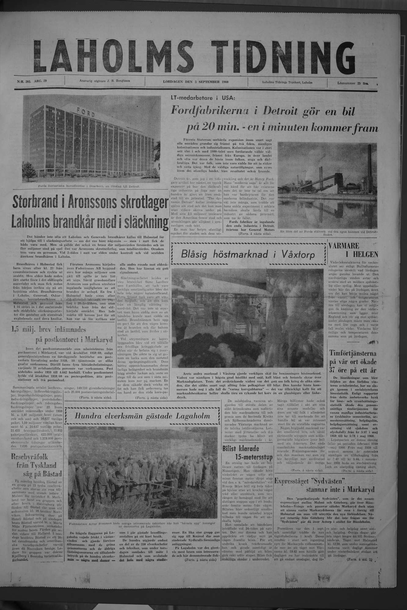 Laholms Tidning Lördag 3 september 1960, sida 1