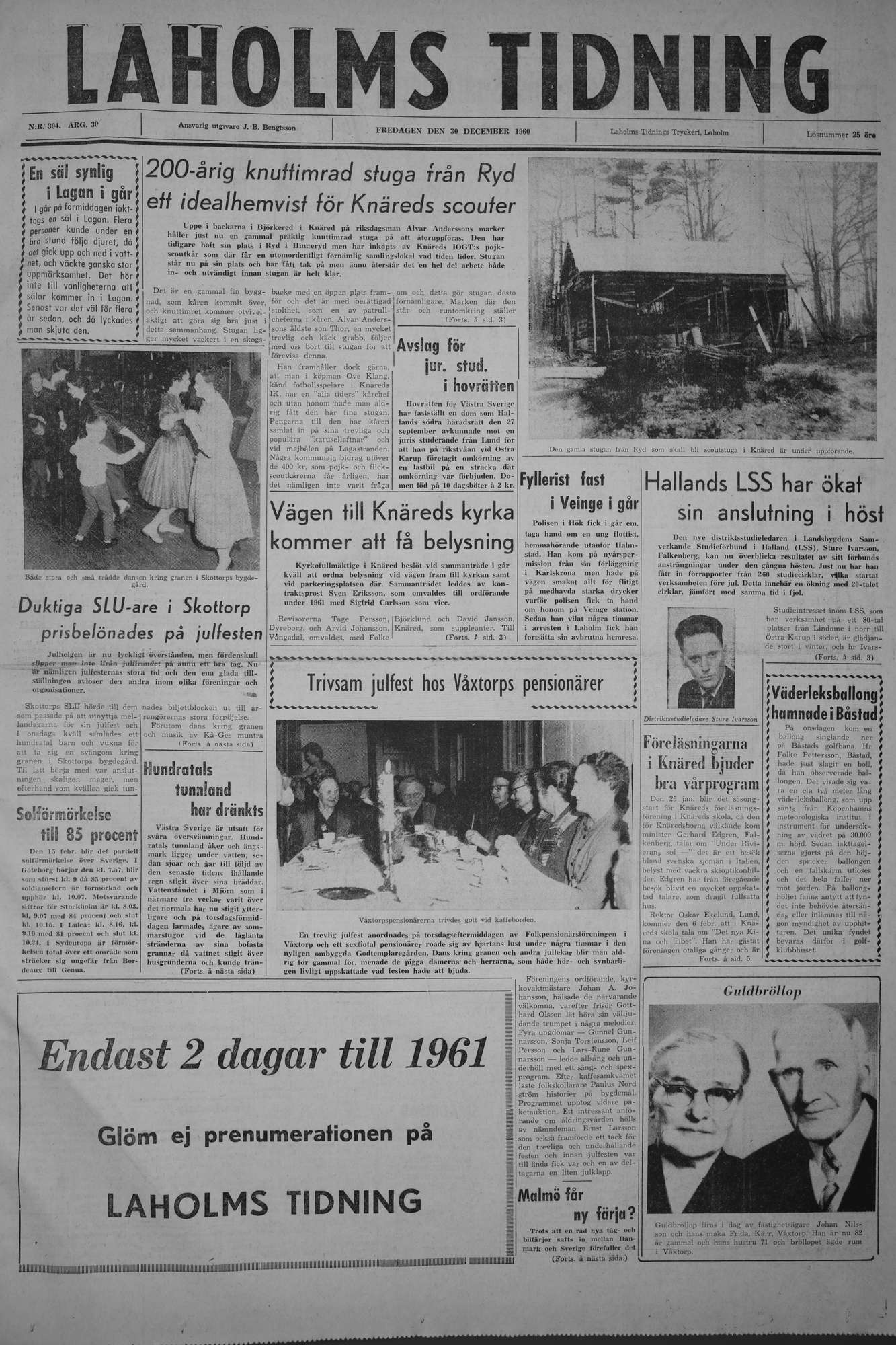 Laholms Tidning Fredag 30 december 1960, sida 1
