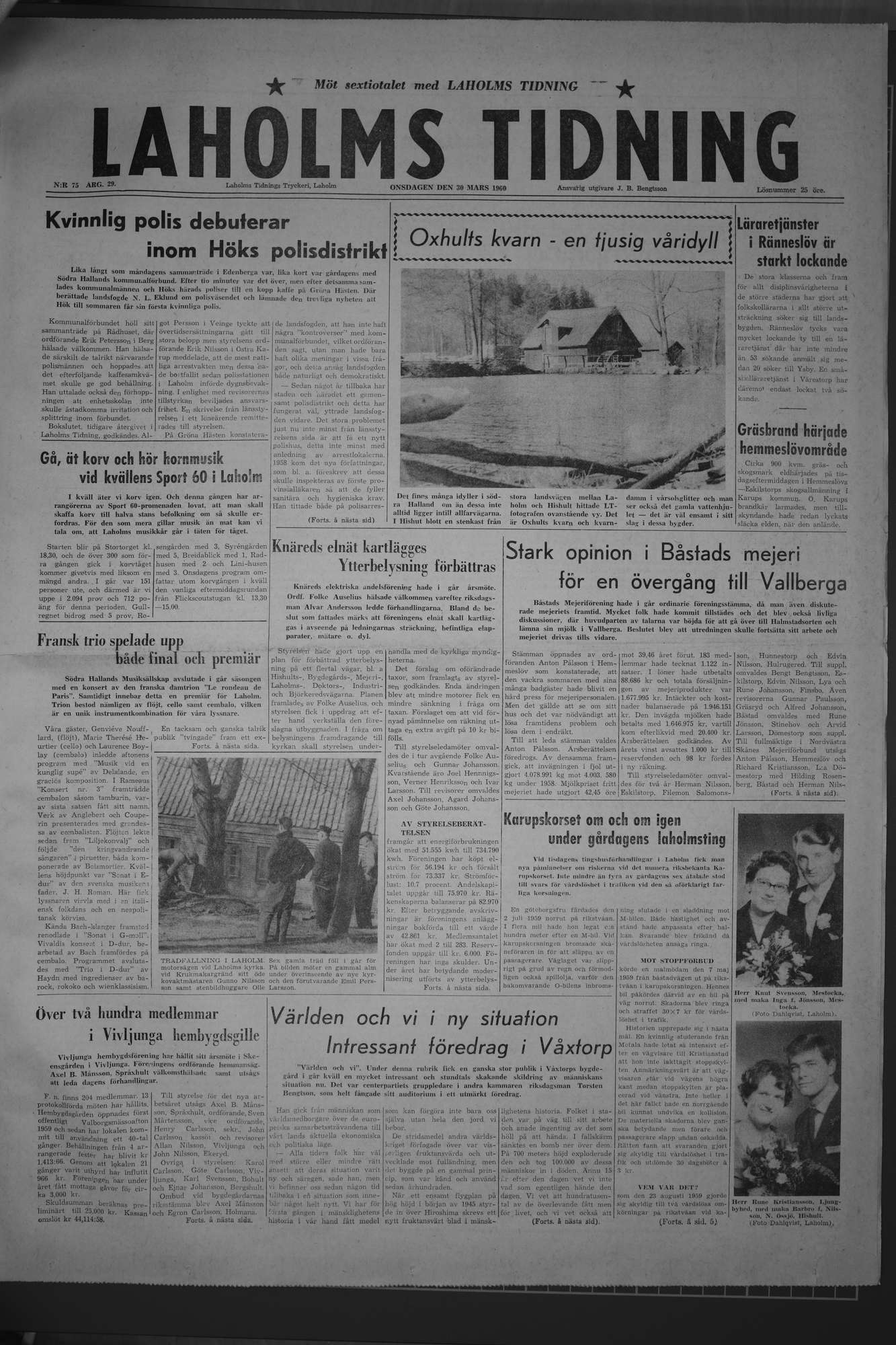 Laholms Tidning Onsdag 30 mars 1960, sida 1