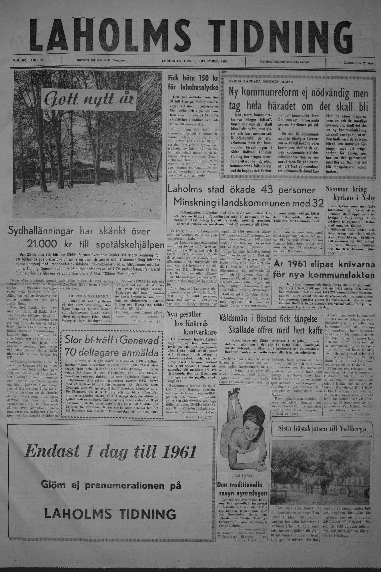 Laholms Tidning Lördag 31 december 1960, sida 1