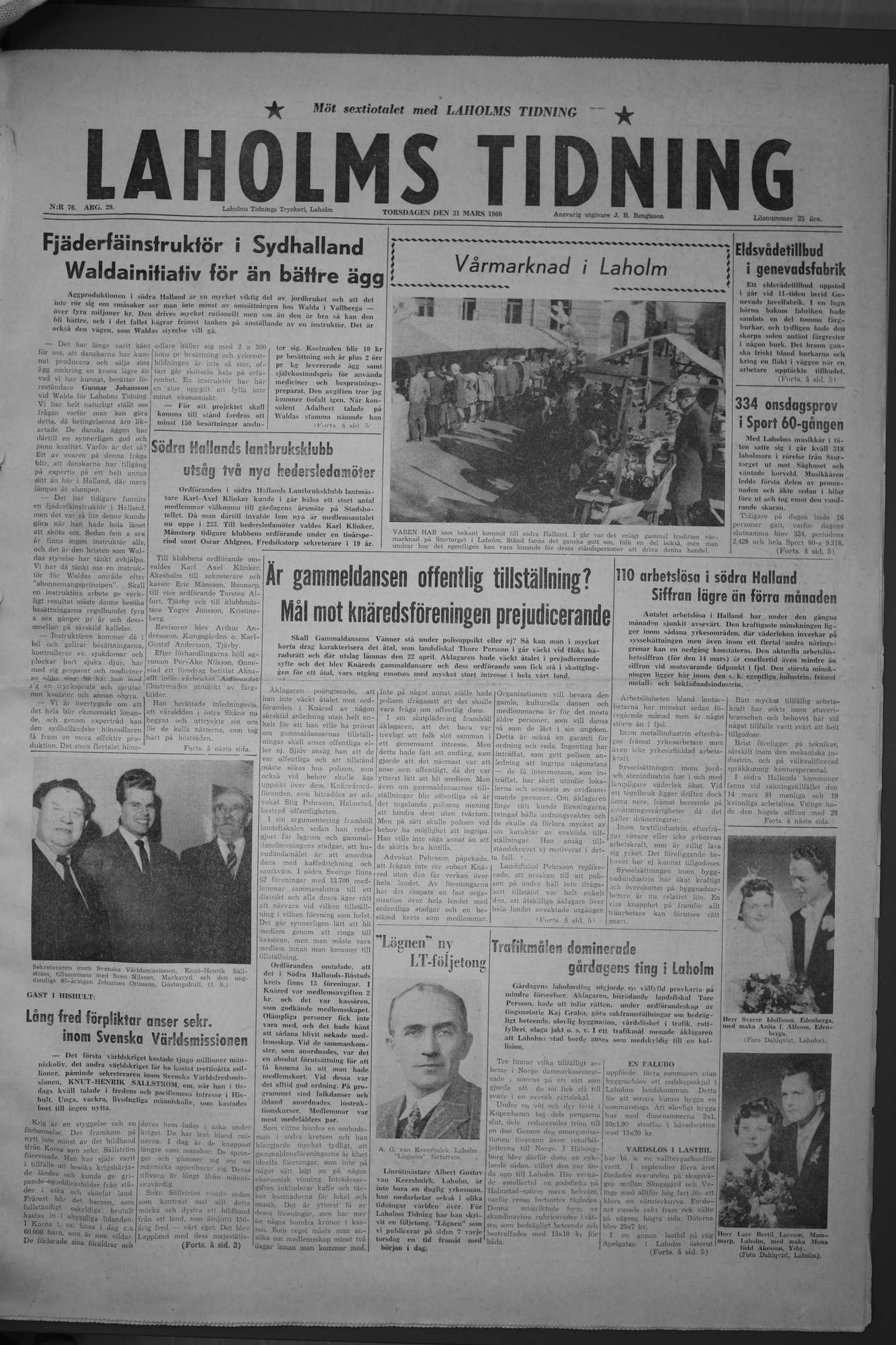 Laholms Tidning Torsdag 31 mars 1960, sida 1