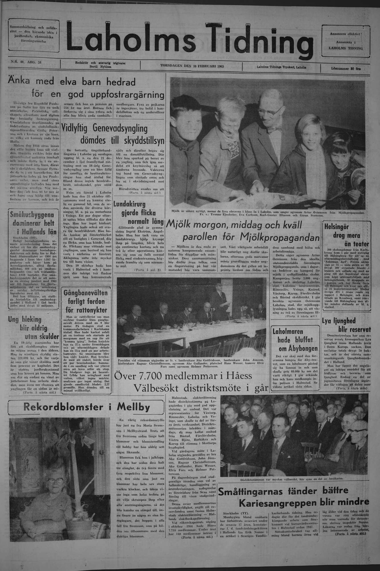 Laholms Tidning Torsdag 18 februari 1965, sida 1