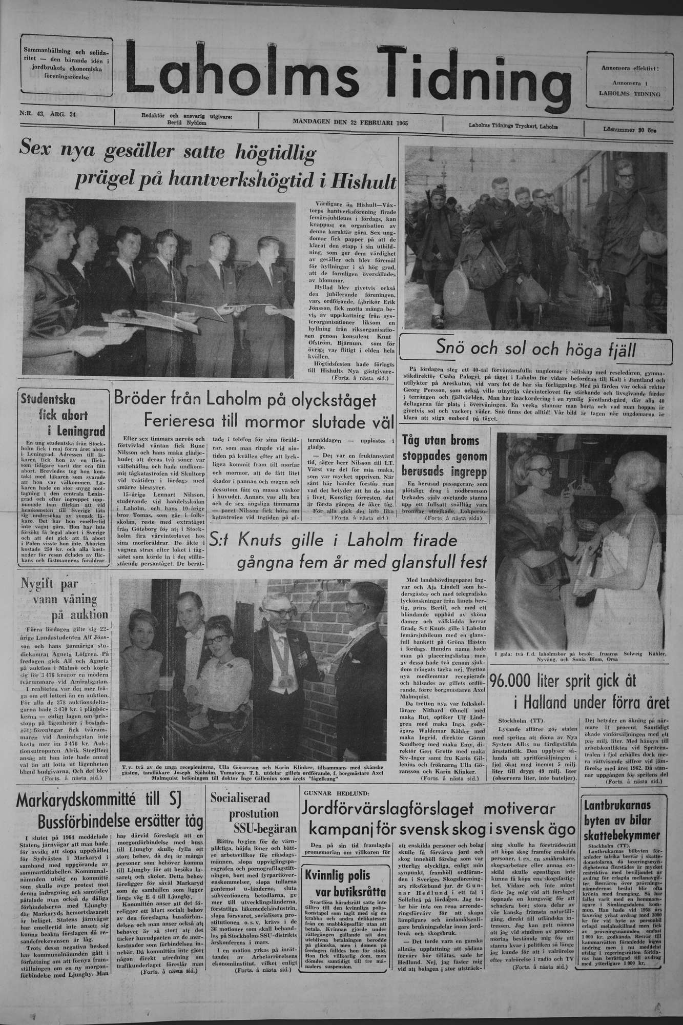Laholms Tidning Måndag 22 februari 1965, sida 1