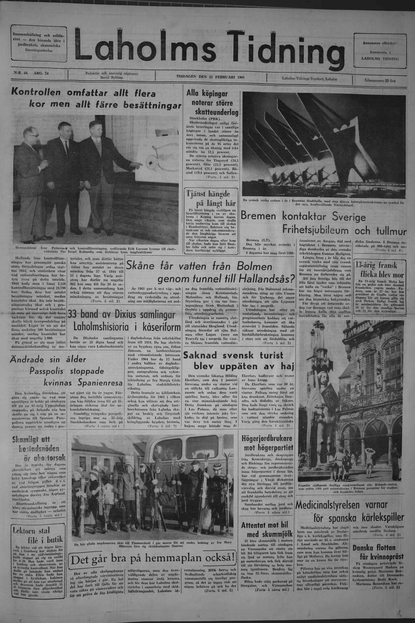 Laholms Tidning Tisdag 23 februari 1965, sida 1