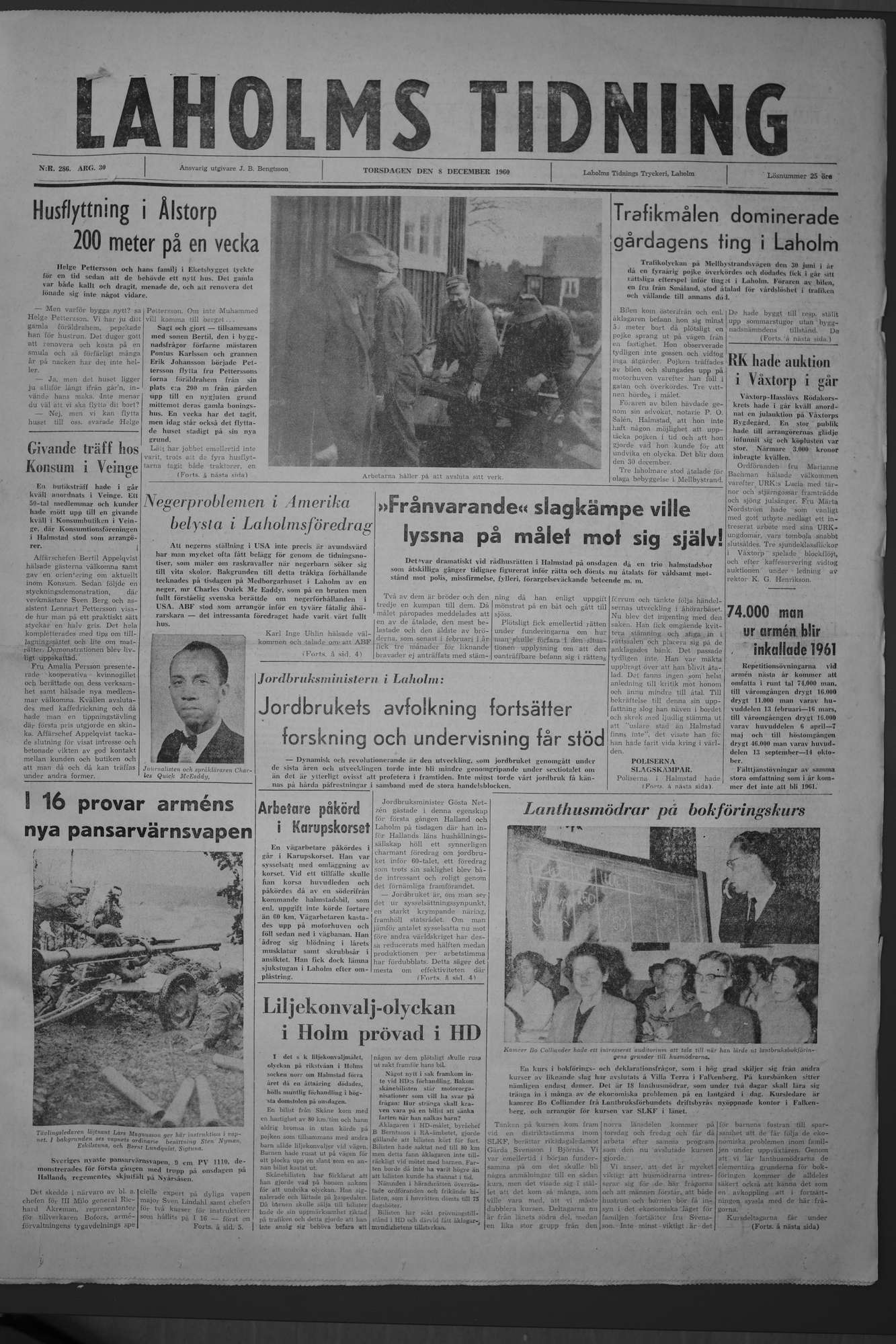 Laholms Tidning Torsdag 8 december 1960, sida 1