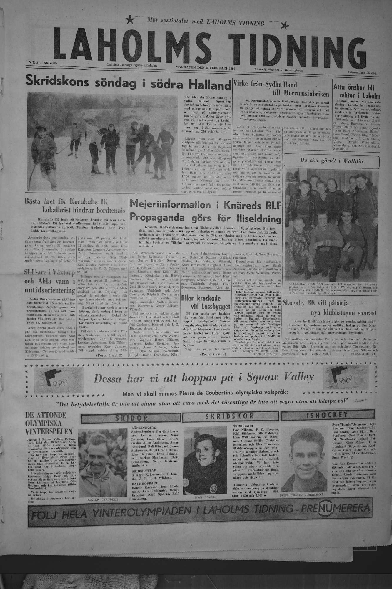 Laholms Tidning Måndag 8 februari 1960, sida 1
