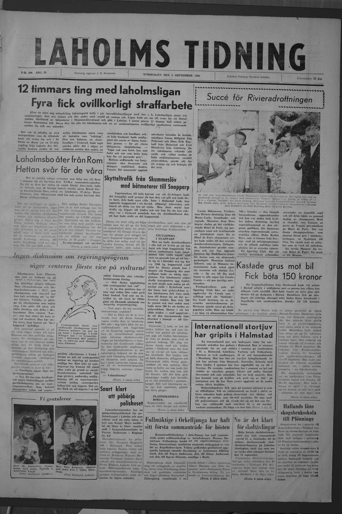 Laholms Tidning Torsdag 8 september 1960, sida 1