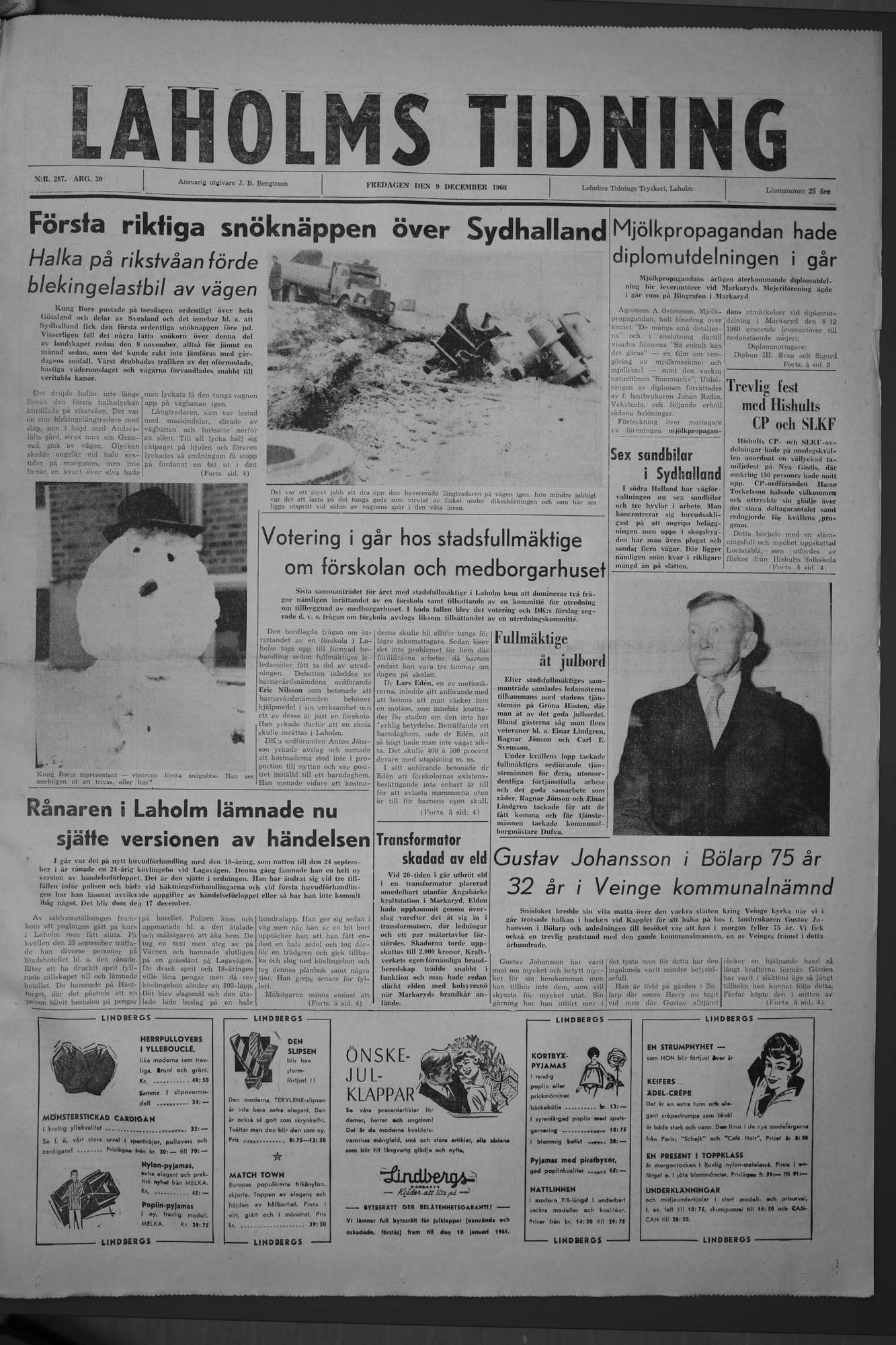 Laholms Tidning Fredag 9 december 1960, sida 1
