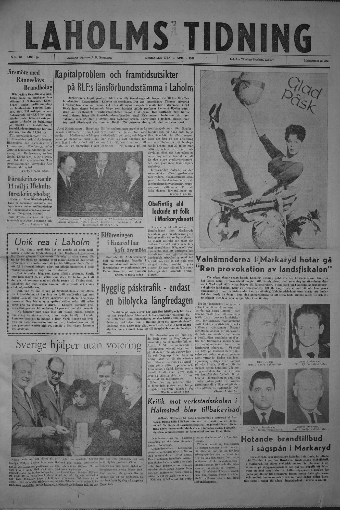 Laholms Tidning Lördag 1 april 1961, sida 1