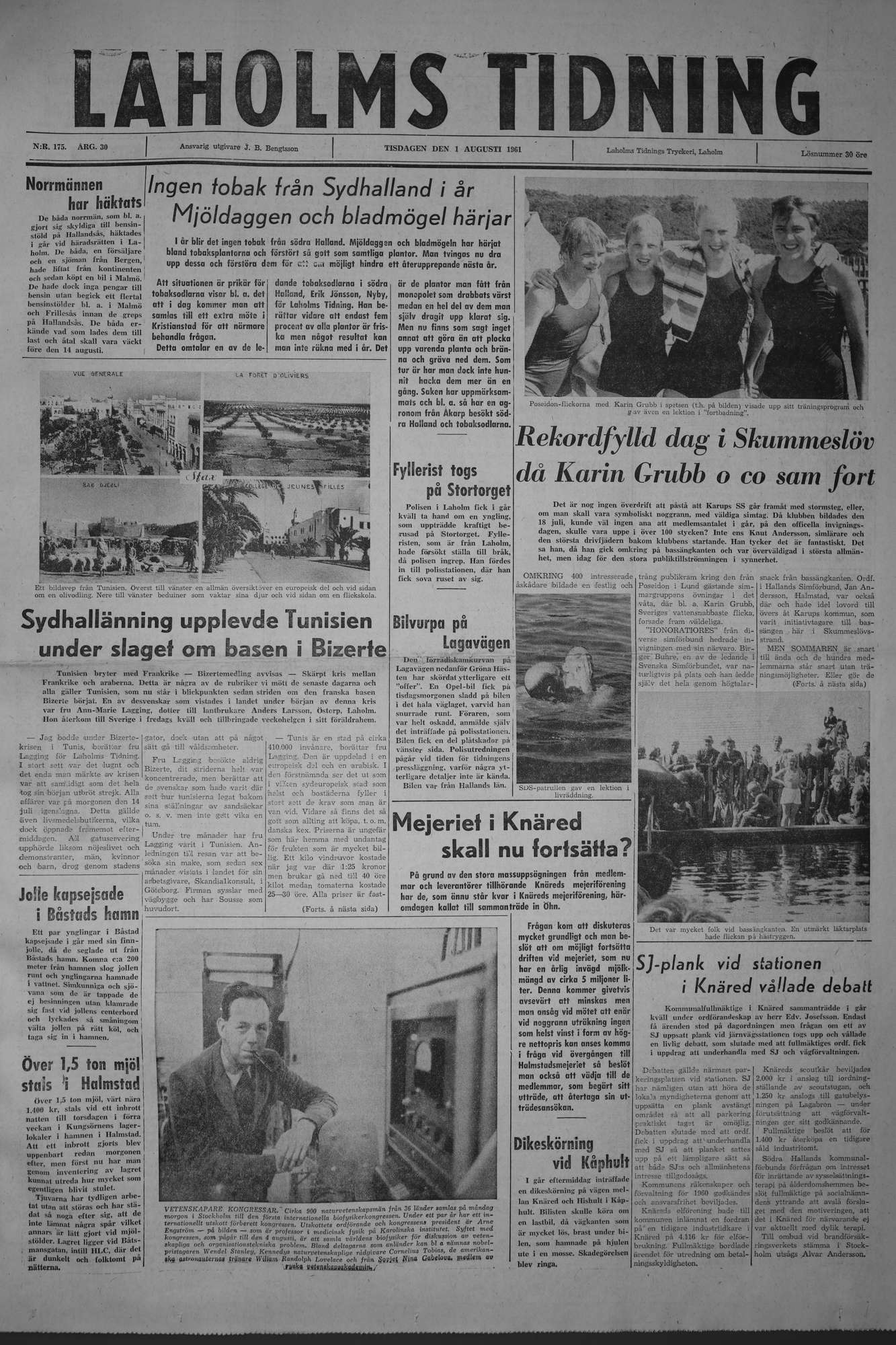 Laholms Tidning Tisdag 1 augusti 1961, sida 1