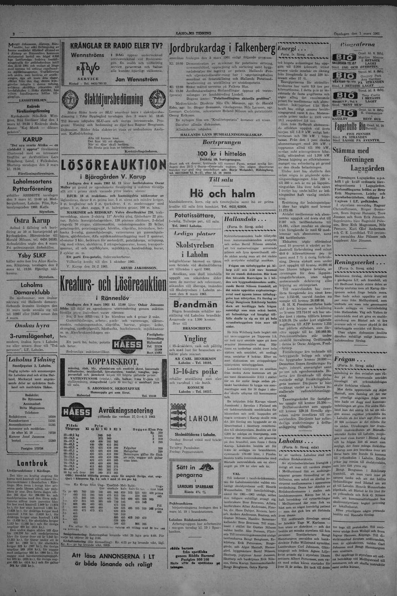 Laholms Tidning Onsdag 1 mars 1961, sida 2