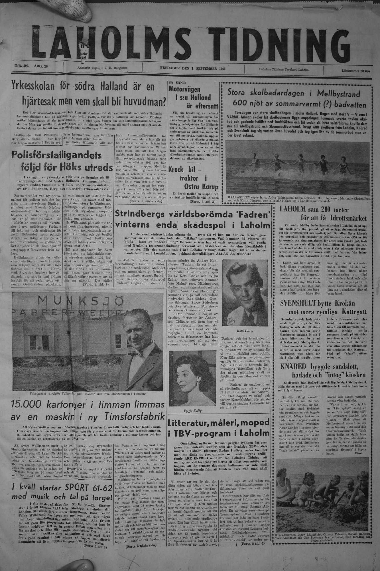 Laholms Tidning Fredag 1 september 1961, sida 1