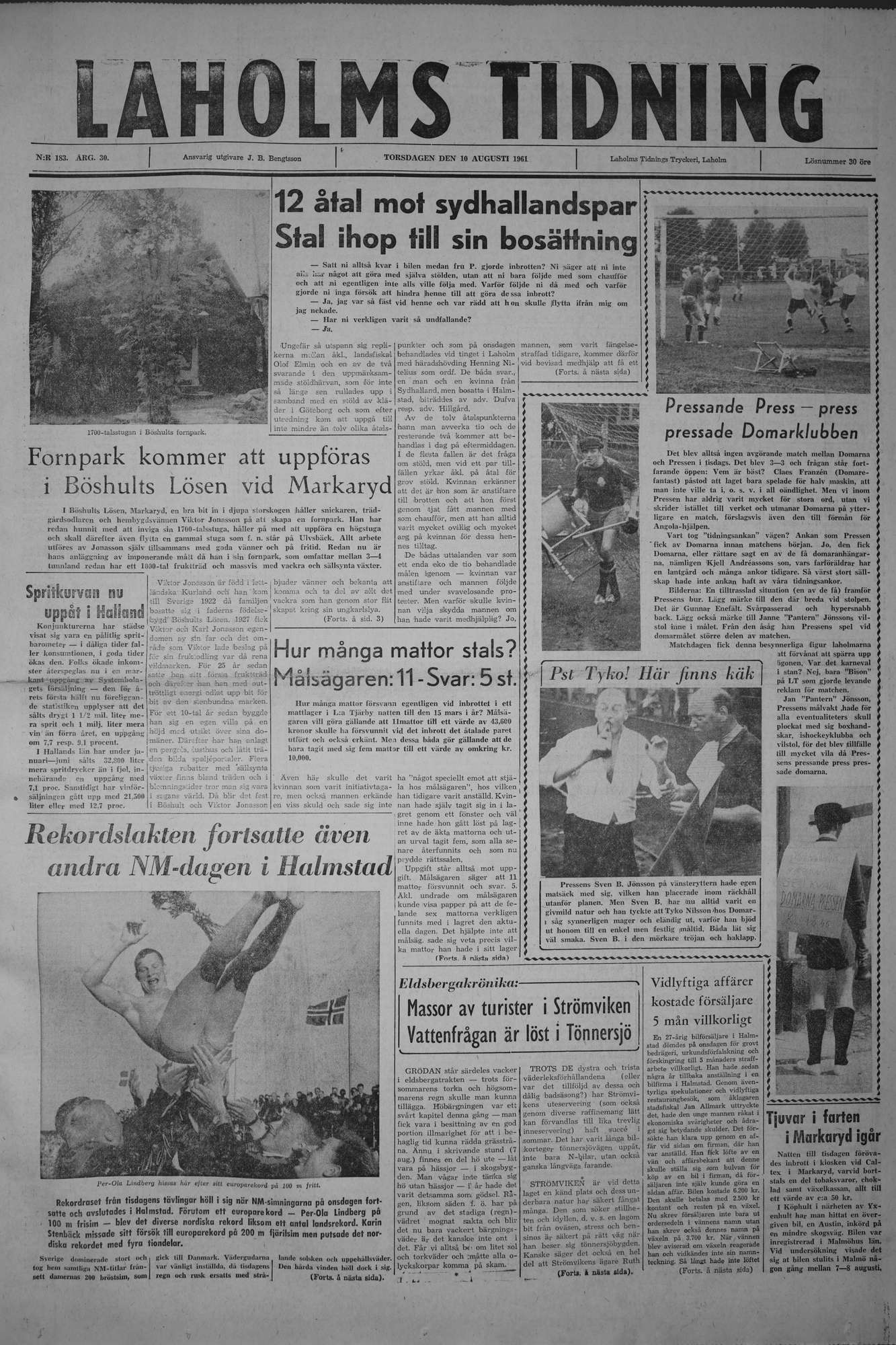 Laholms Tidning Torsdag 10 augusti 1961, sida 1