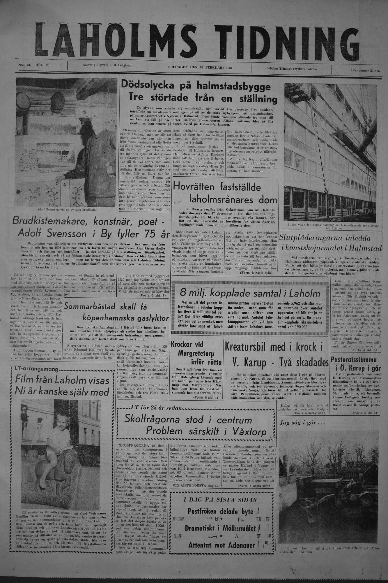 Laholms Tidning Fredag 10 februari 1961, sida 1