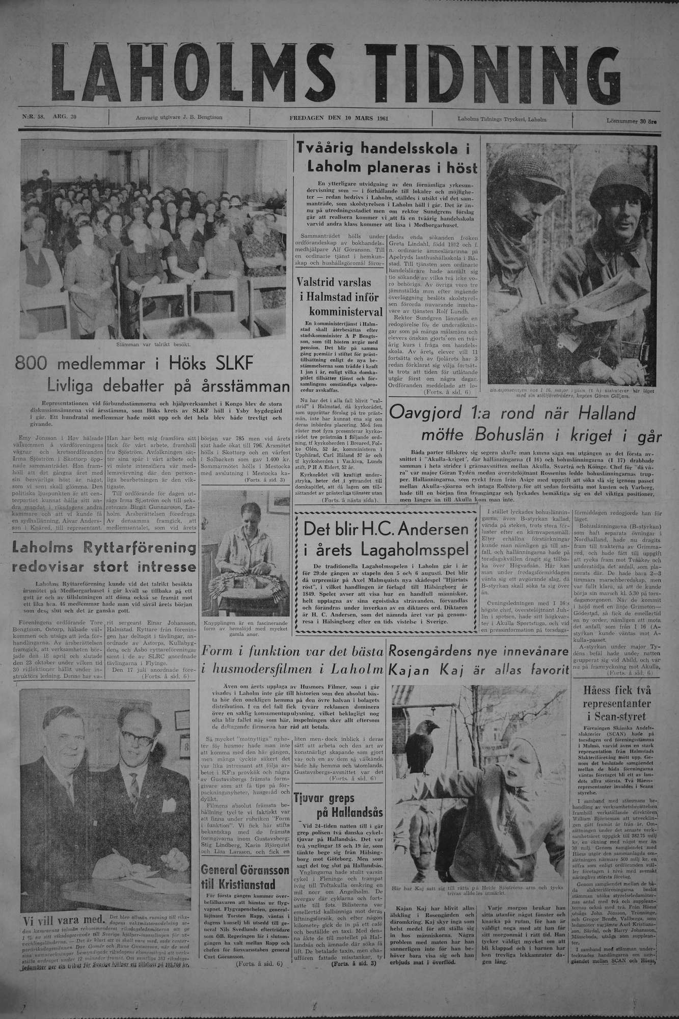 Laholms Tidning Fredag 10 mars 1961, sida 1