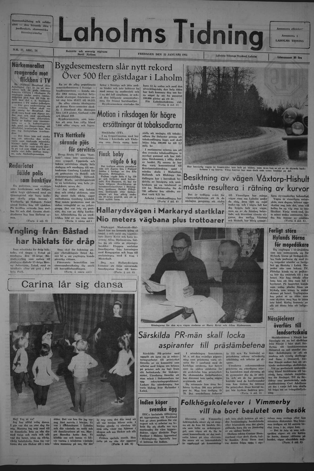 Laholms Tidning Fredag 22 januari 1965, sida 1