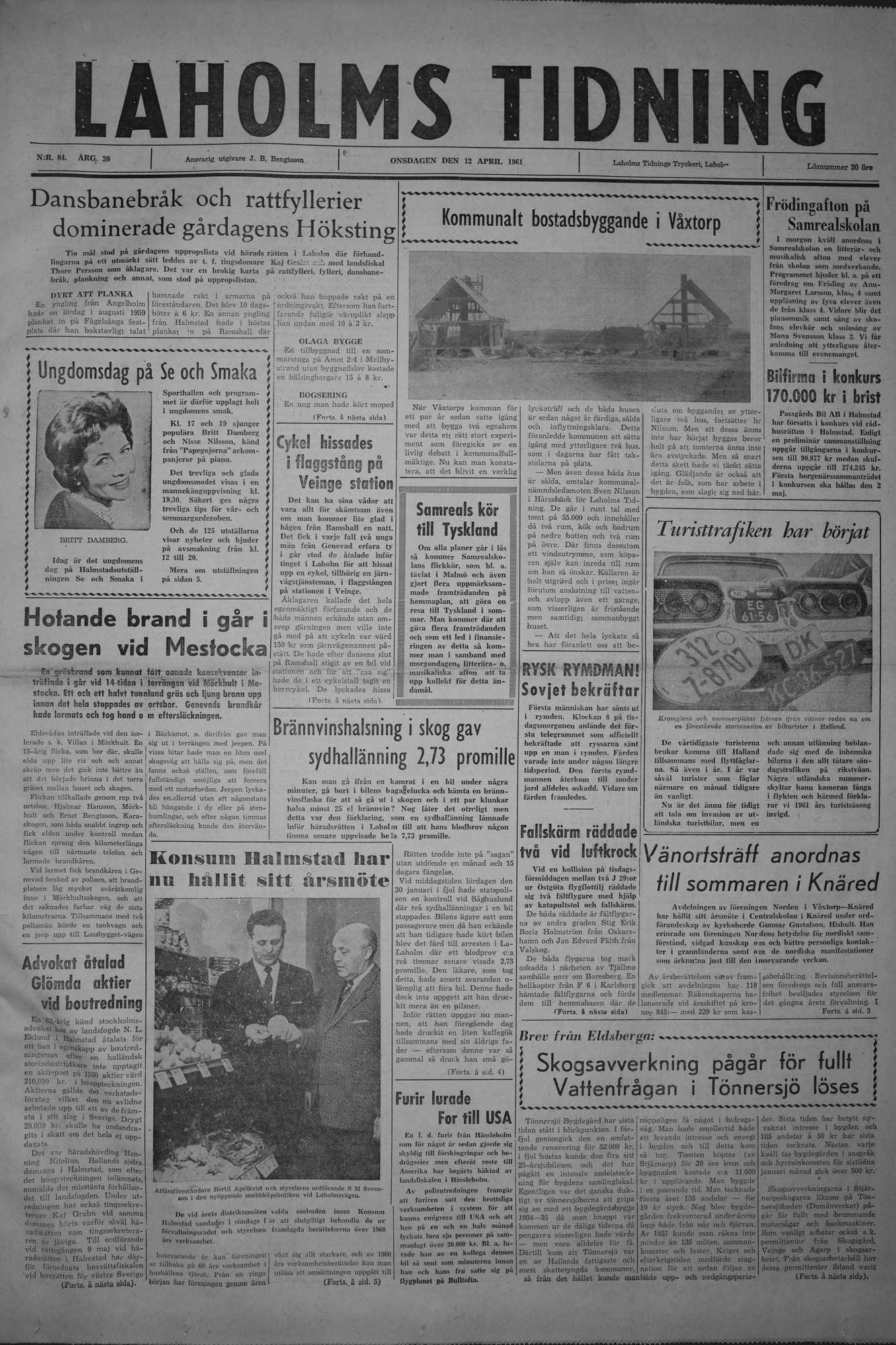 Laholms Tidning Onsdag 12 april 1961, sida 1