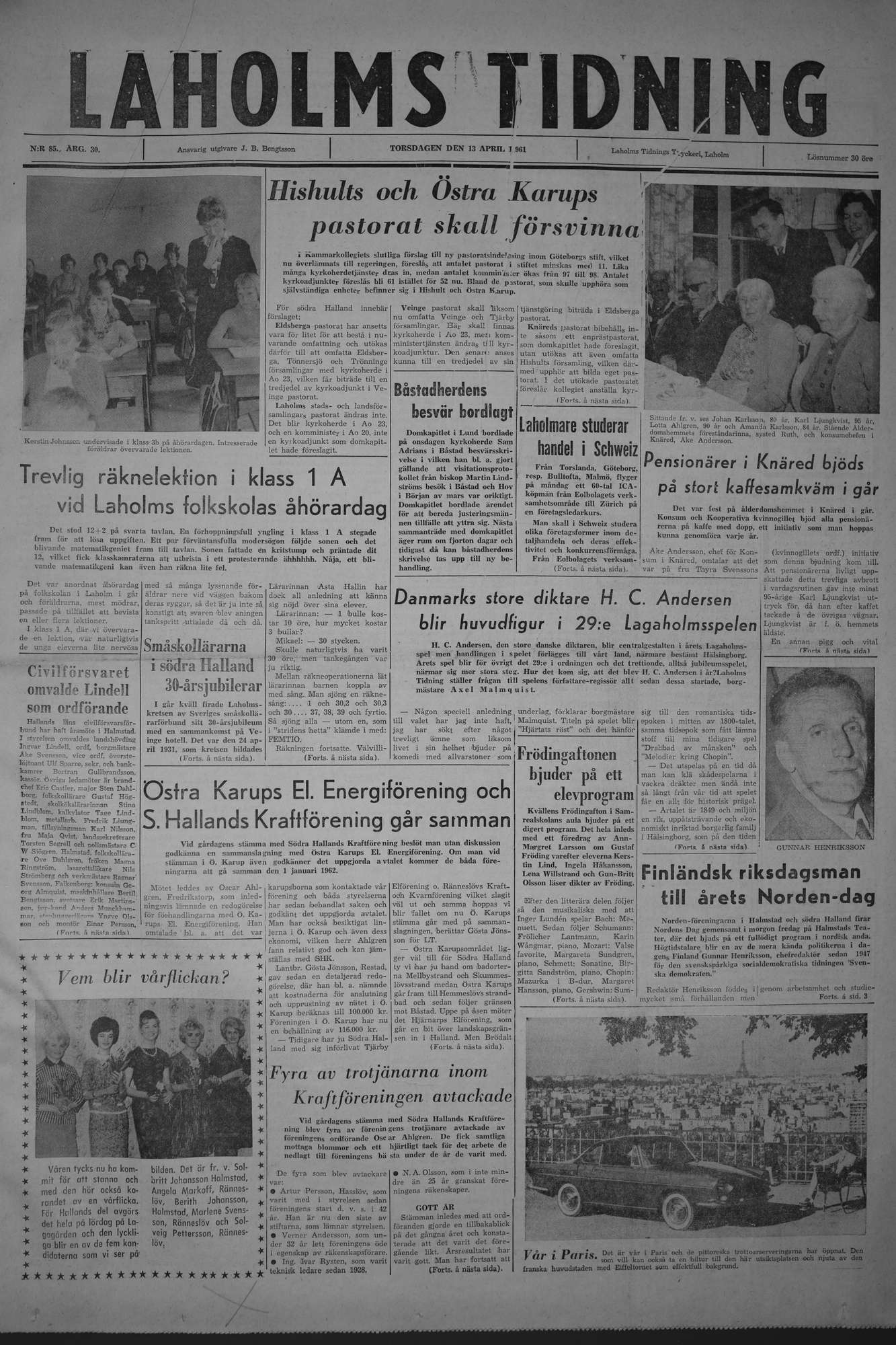 Laholms Tidning Torsdag 13 april 1961, sida 1