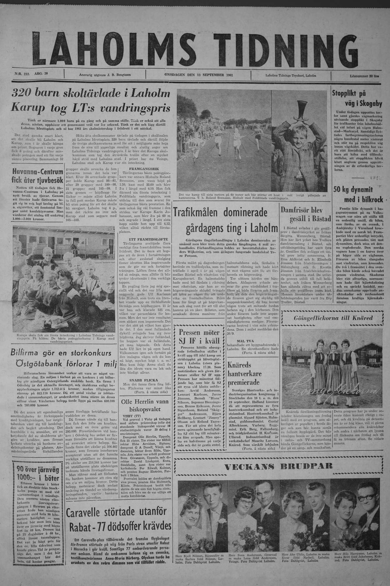 Laholms Tidning Onsdag 13 september 1961, sida 1
