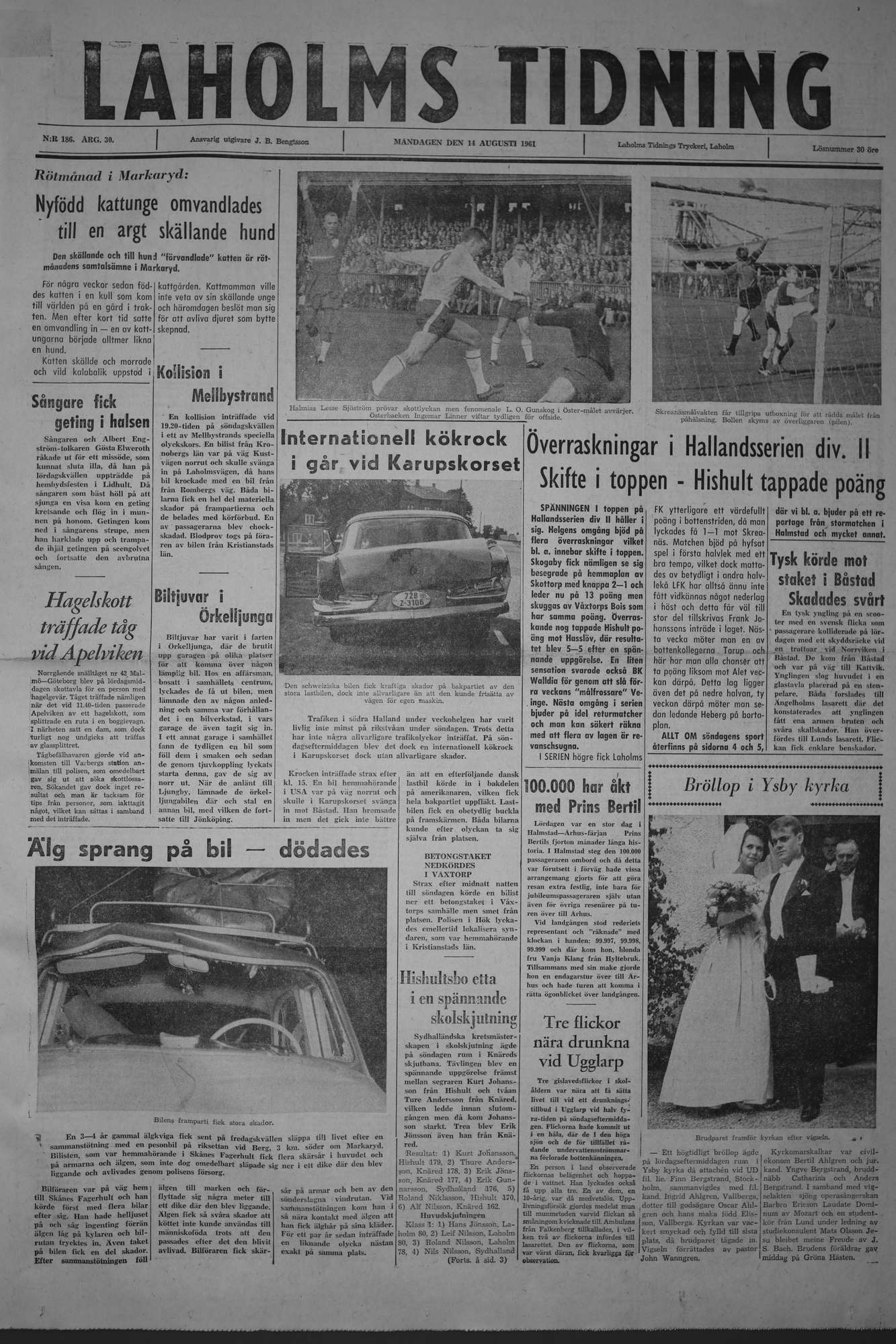 Laholms Tidning Måndag 14 augusti 1961, sida 1