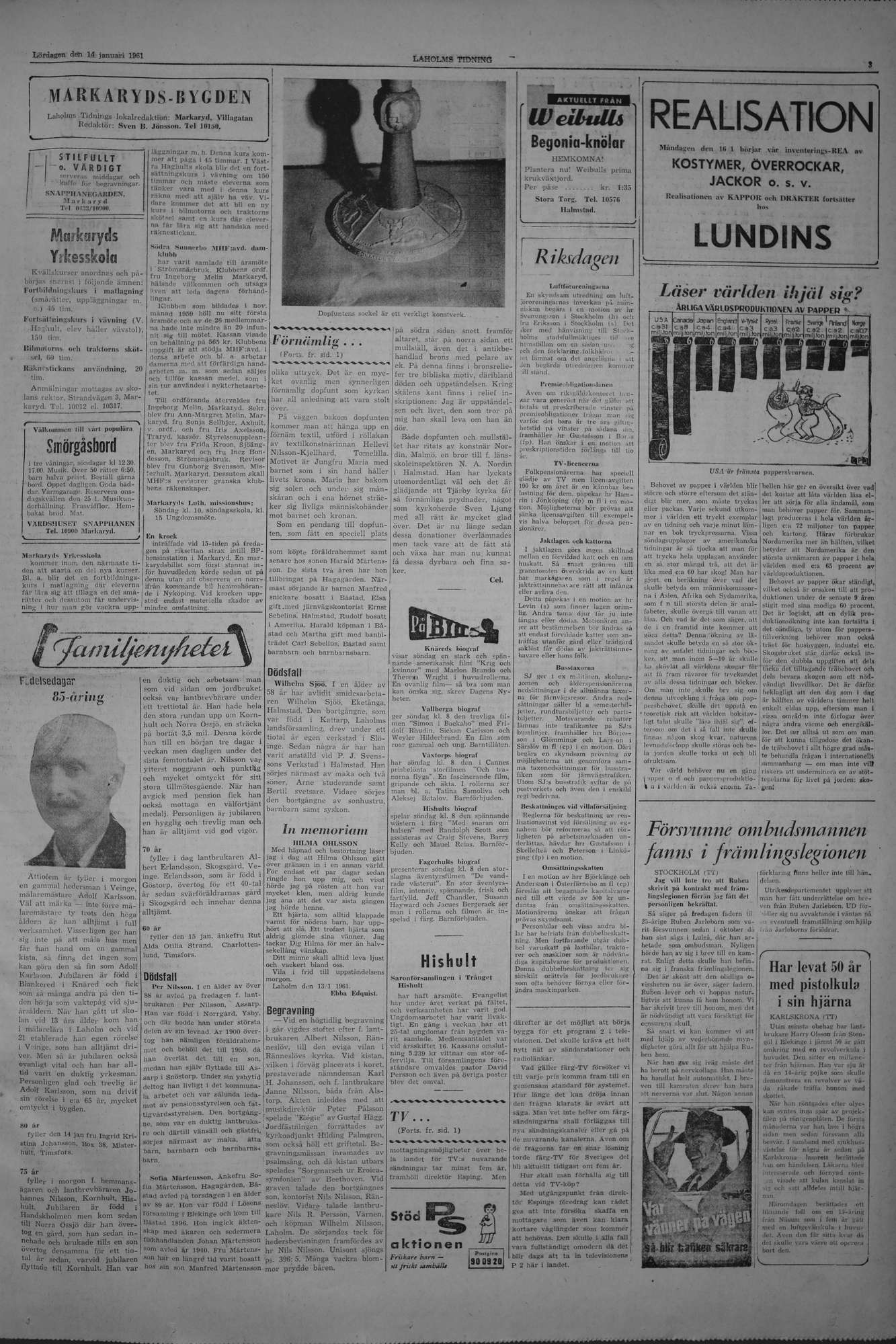Laholms Tidning Lördag 14 januari 1961, sida 3